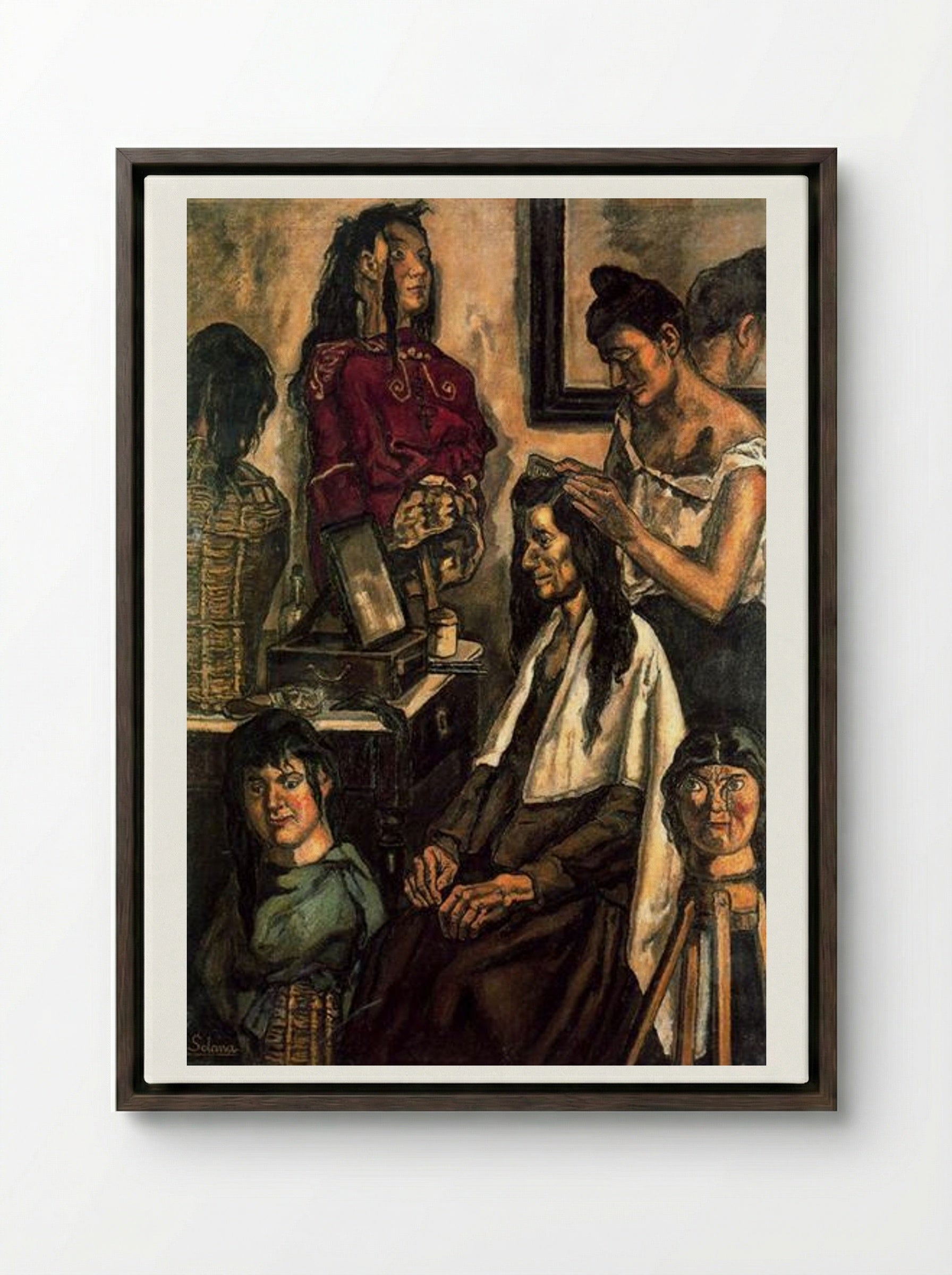 The Hairdresser - José Gutiérrez Solana - Framed Canvas Dark Wood