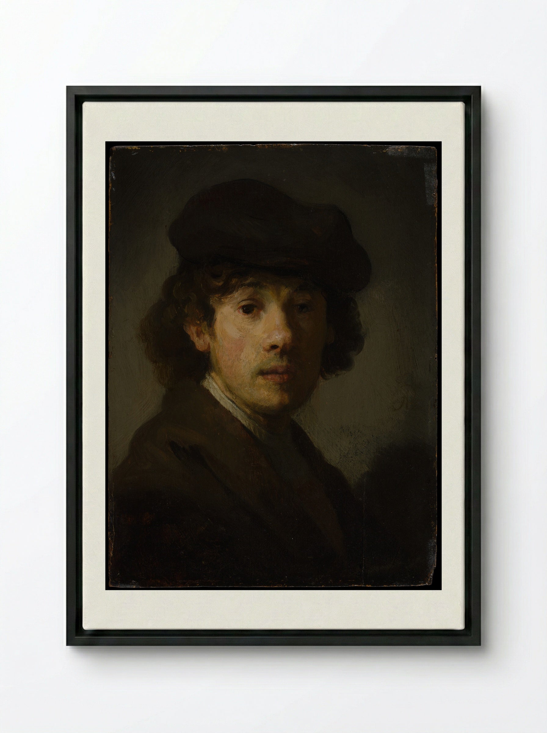 Self-Portrait with Beret - Rembrandt van Rijn - Framed Canvas Black