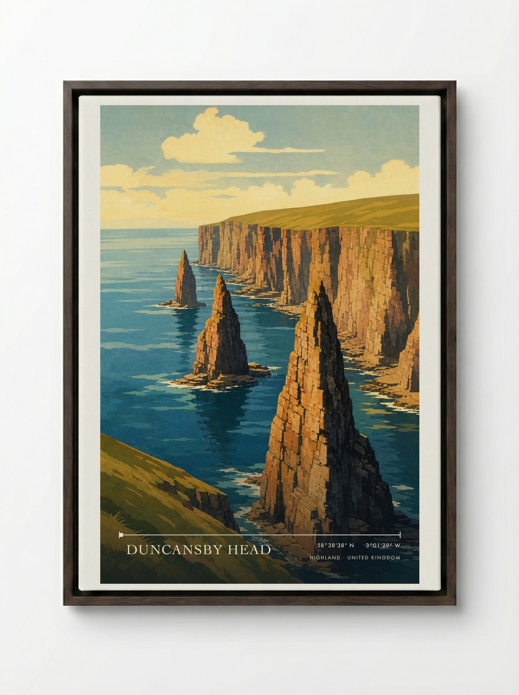 Duncansby Head Highland United Kingdom Travel Poster - Framed Canvas Dark Wood