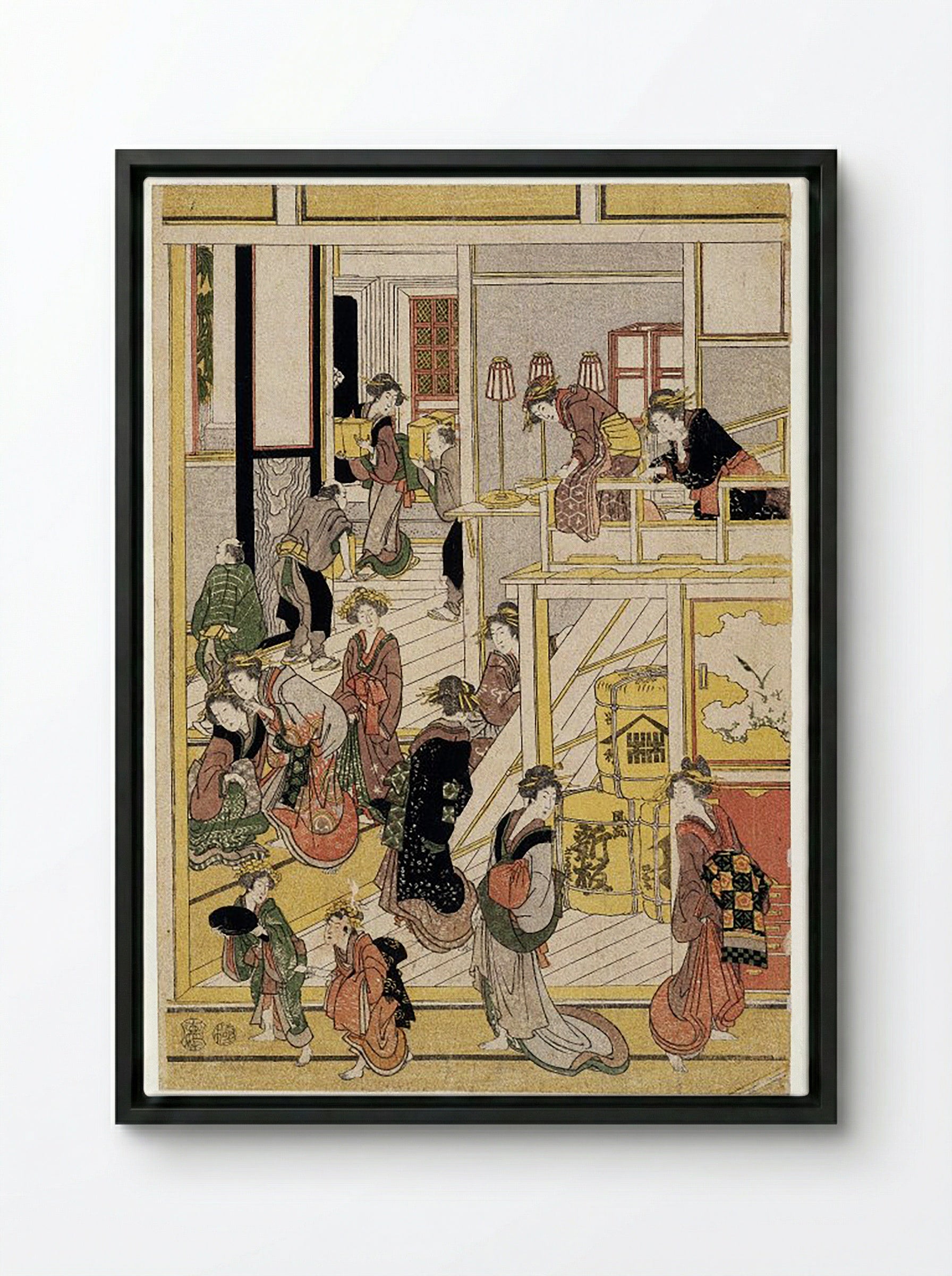 New Year's Days of the Teahouse Ogi-ya - Utagawa Toyokuni I - Framed Canvas Black