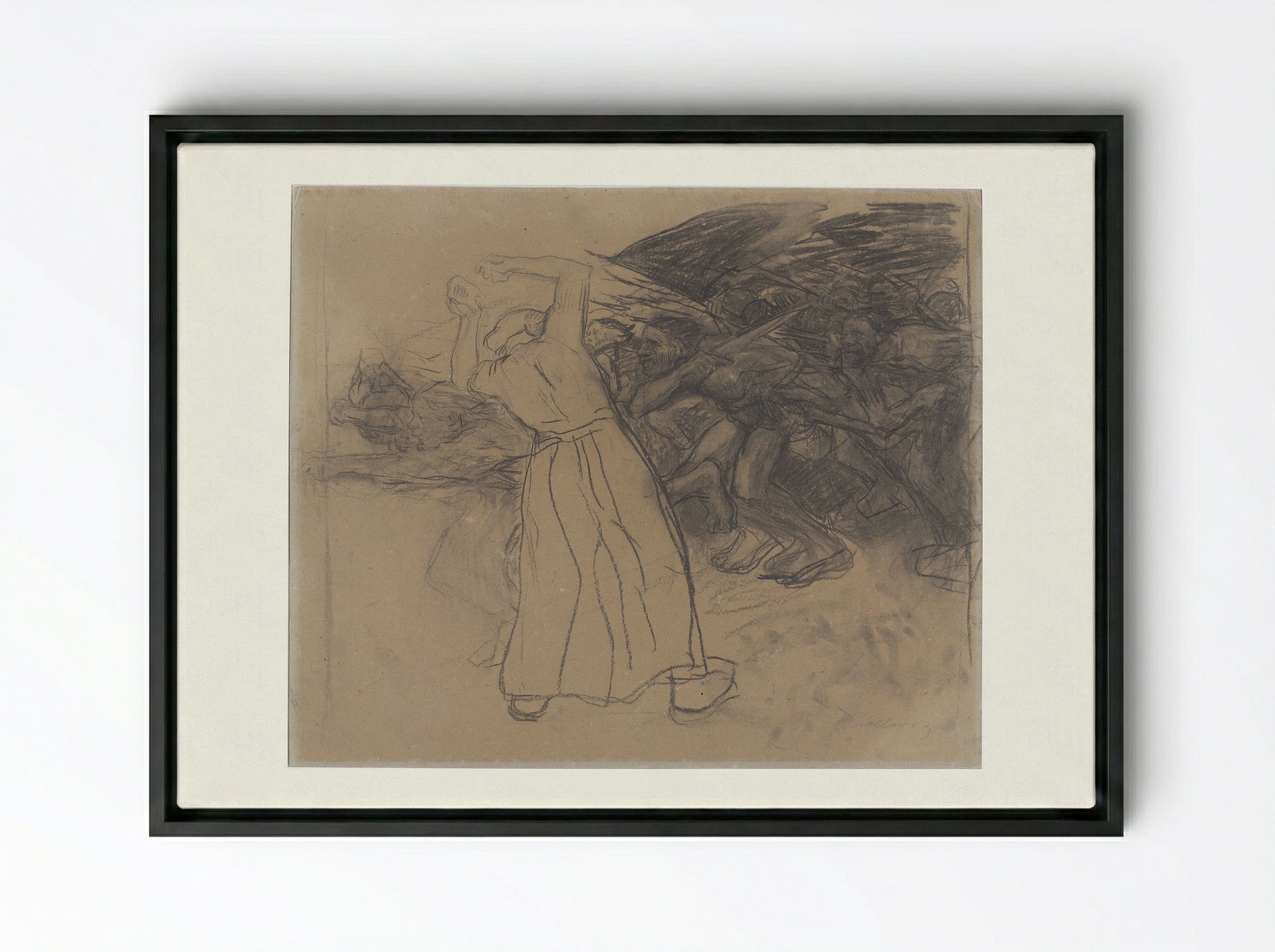 Standing Woman Encouraging a Marching Group of Men - Käthe Kollwitz - Framed Canvas Black