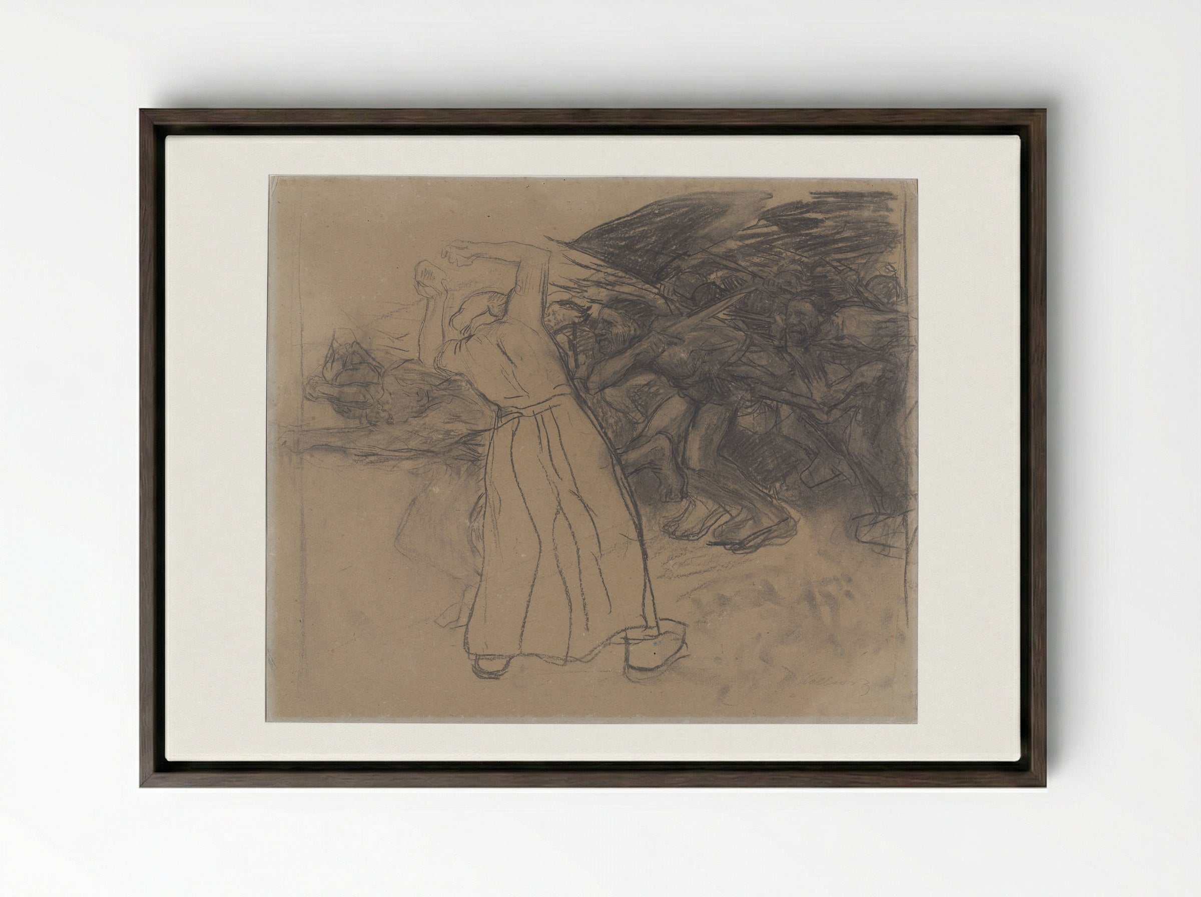 Standing Woman Encouraging a Marching Group of Men - Käthe Kollwitz - Framed Canvas Dark Wood