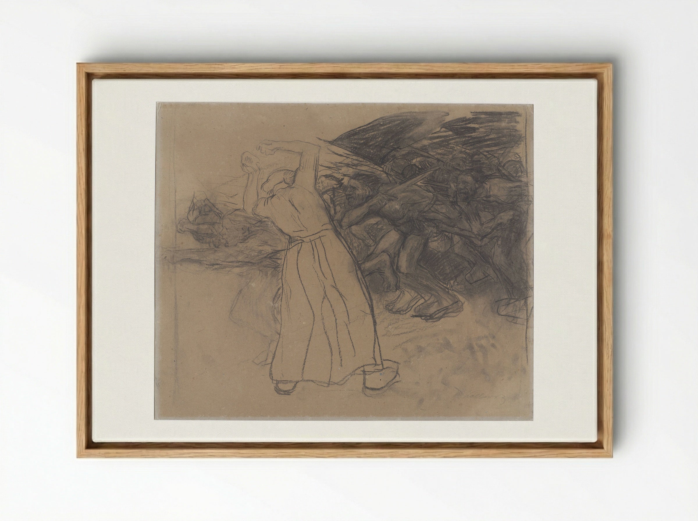 Standing Woman Encouraging a Marching Group of Men - Käthe Kollwitz - Framed Canvas Wood