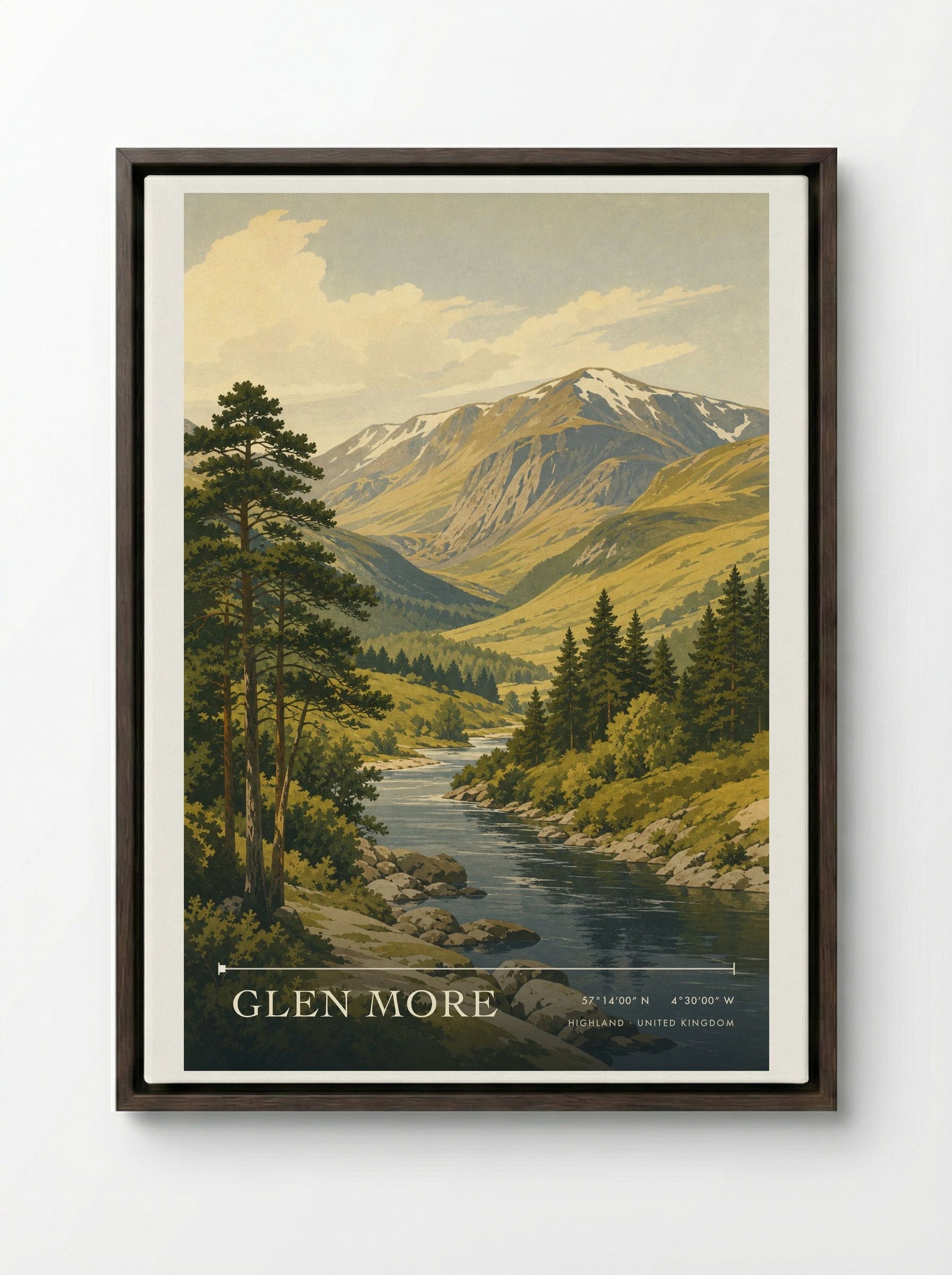 Glen More Highland United Kingdom Travel Poster - Framed Canvas Dark Wood