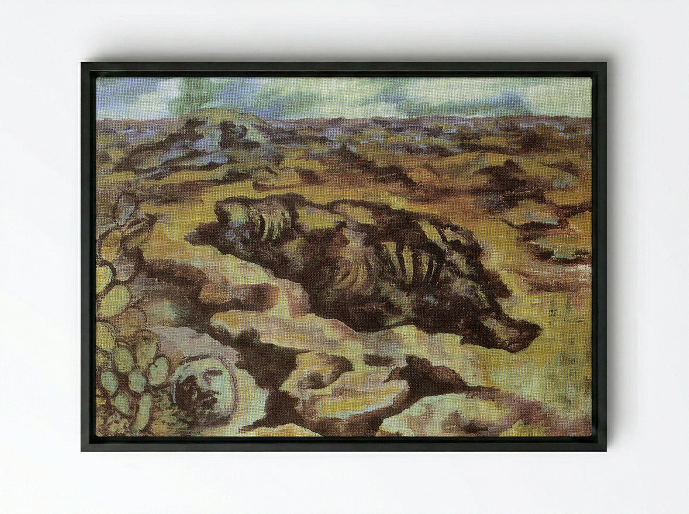 Landscape with Cactus and Mask - Diego Rivera - Framed Canvas Black