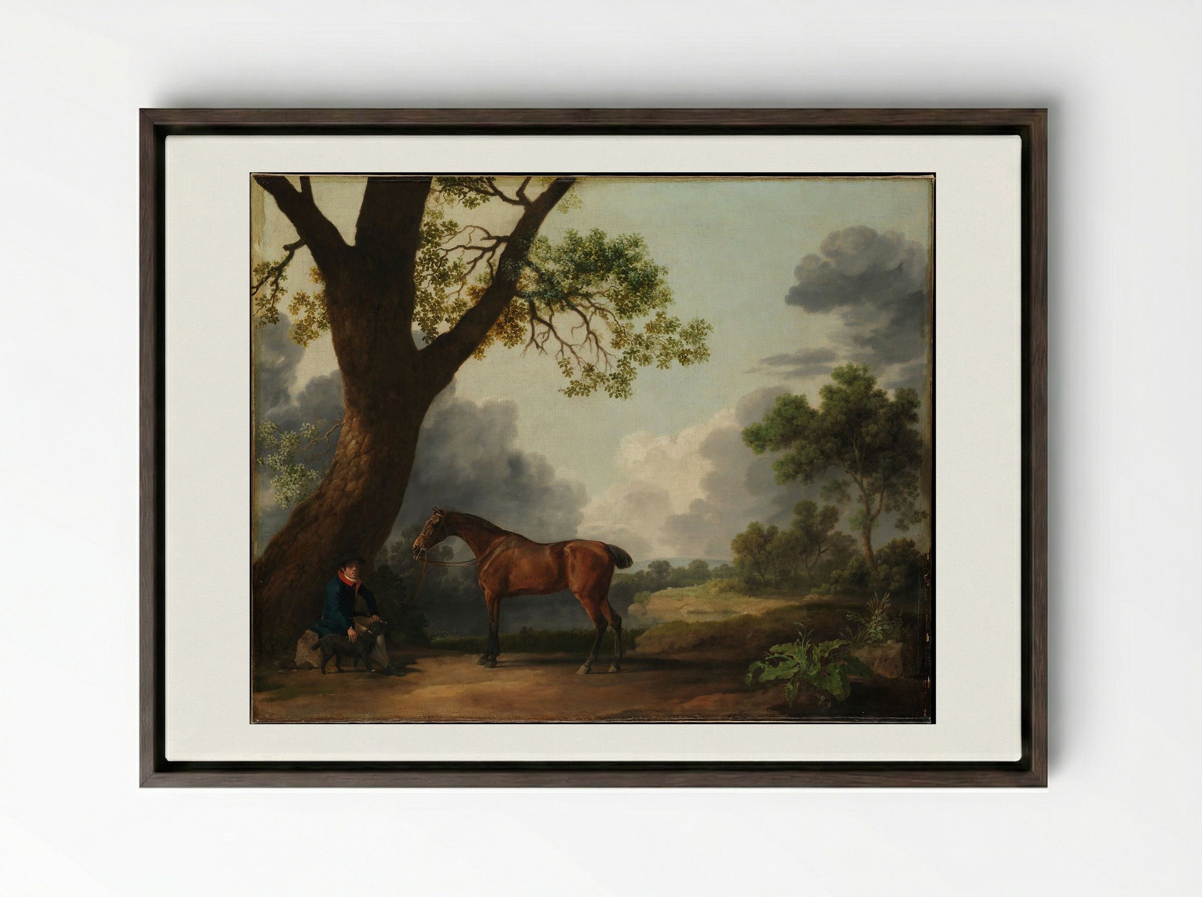 The Third Duke of Dorset's Hunter with a Groom and a Dog - George Stubbs - Framed Canvas Dark Wood