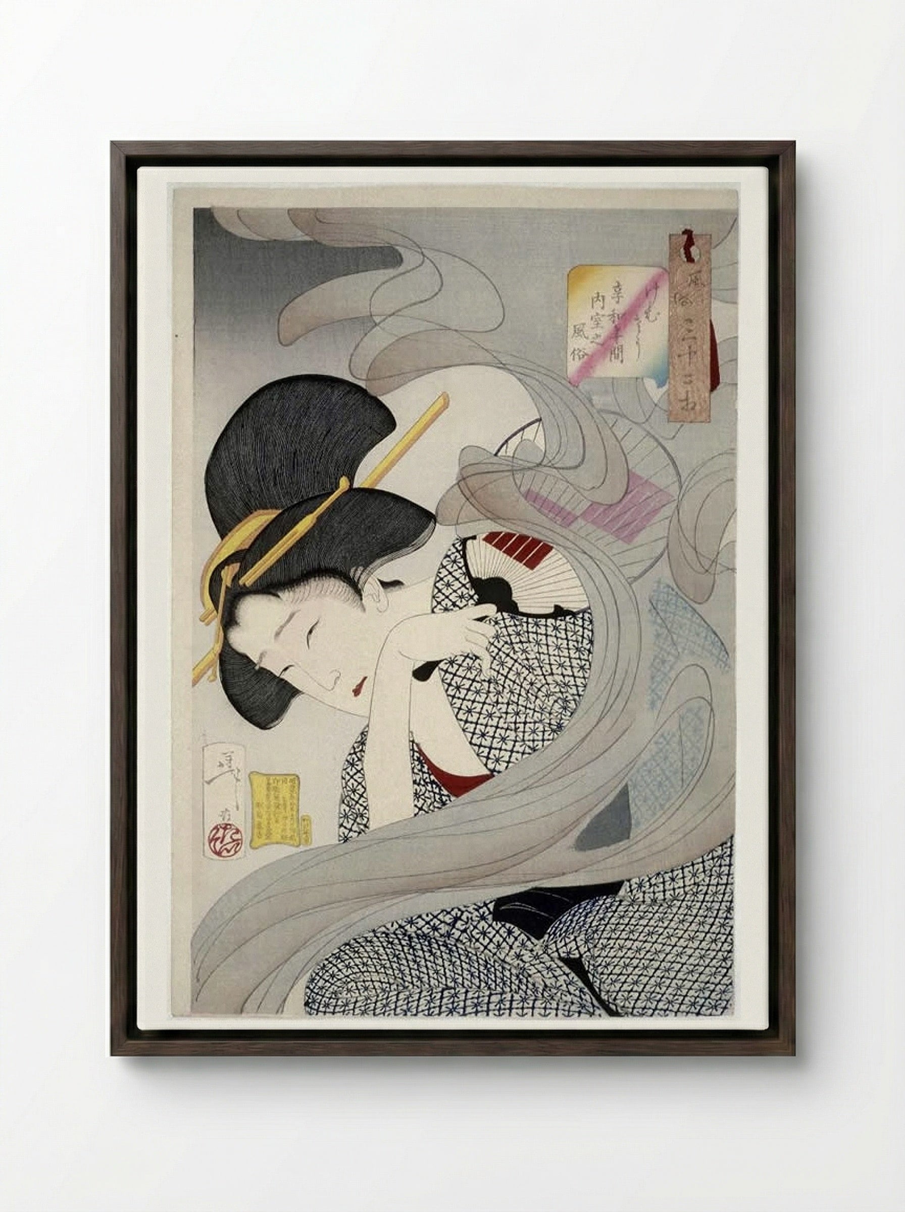 Beautiful Woman with Fan - Tsukioka Yoshitoshi - Framed Canvas Dark Wood