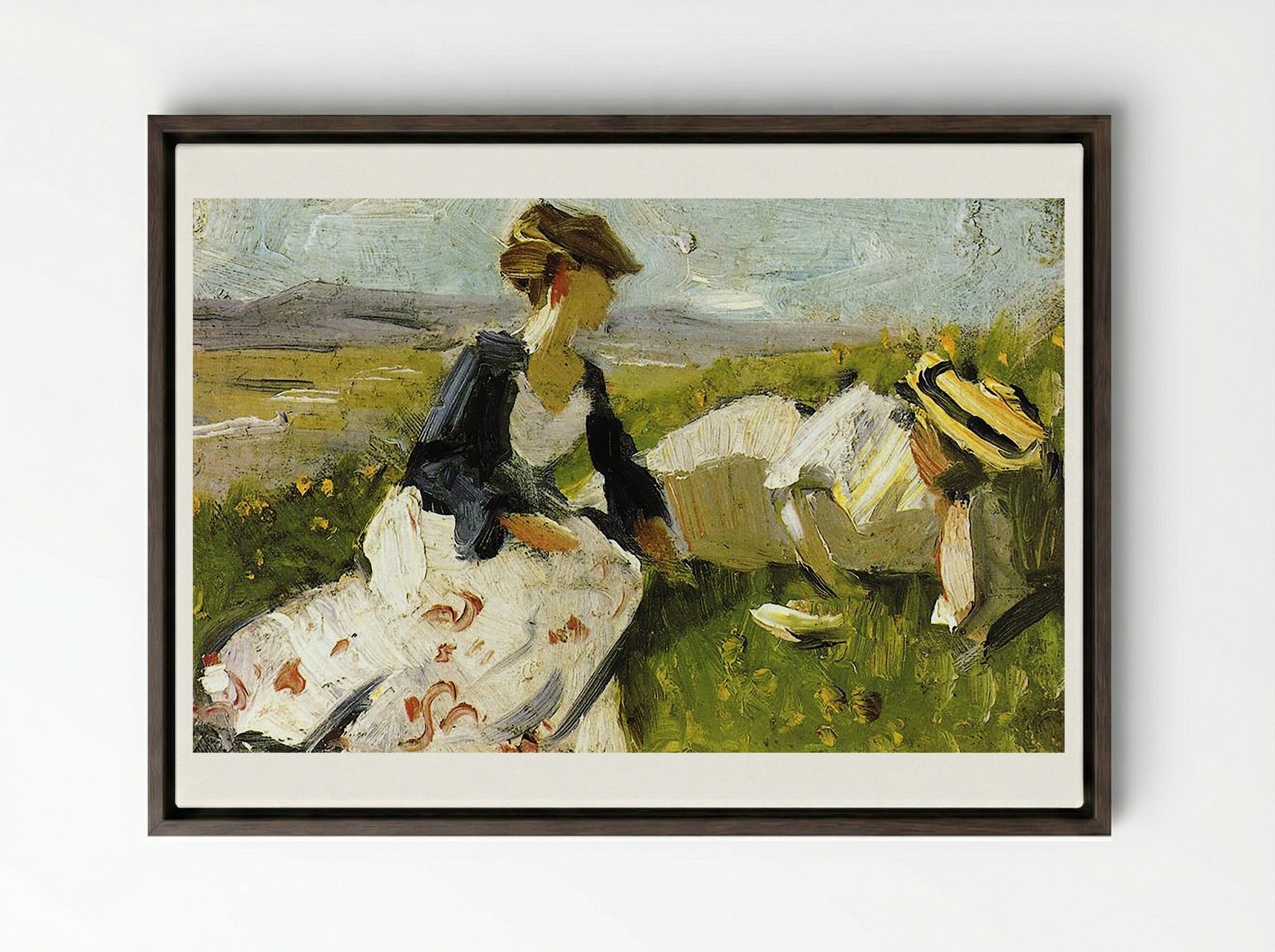Two Women on the Hillside - William Merritt Chase - Framed Canvas Dark Wood