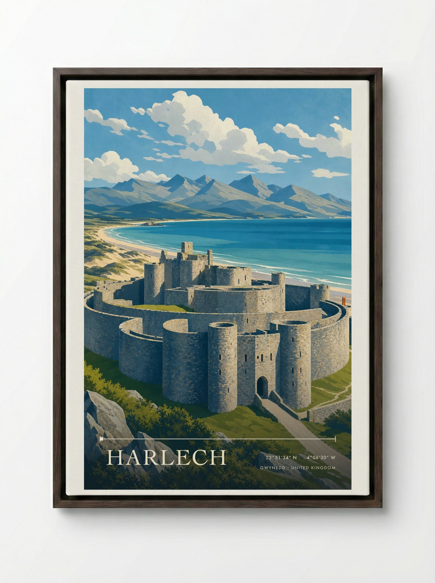 Harlech Gwynedd United Kingdom Travel Poster - Framed Canvas Dark Wood