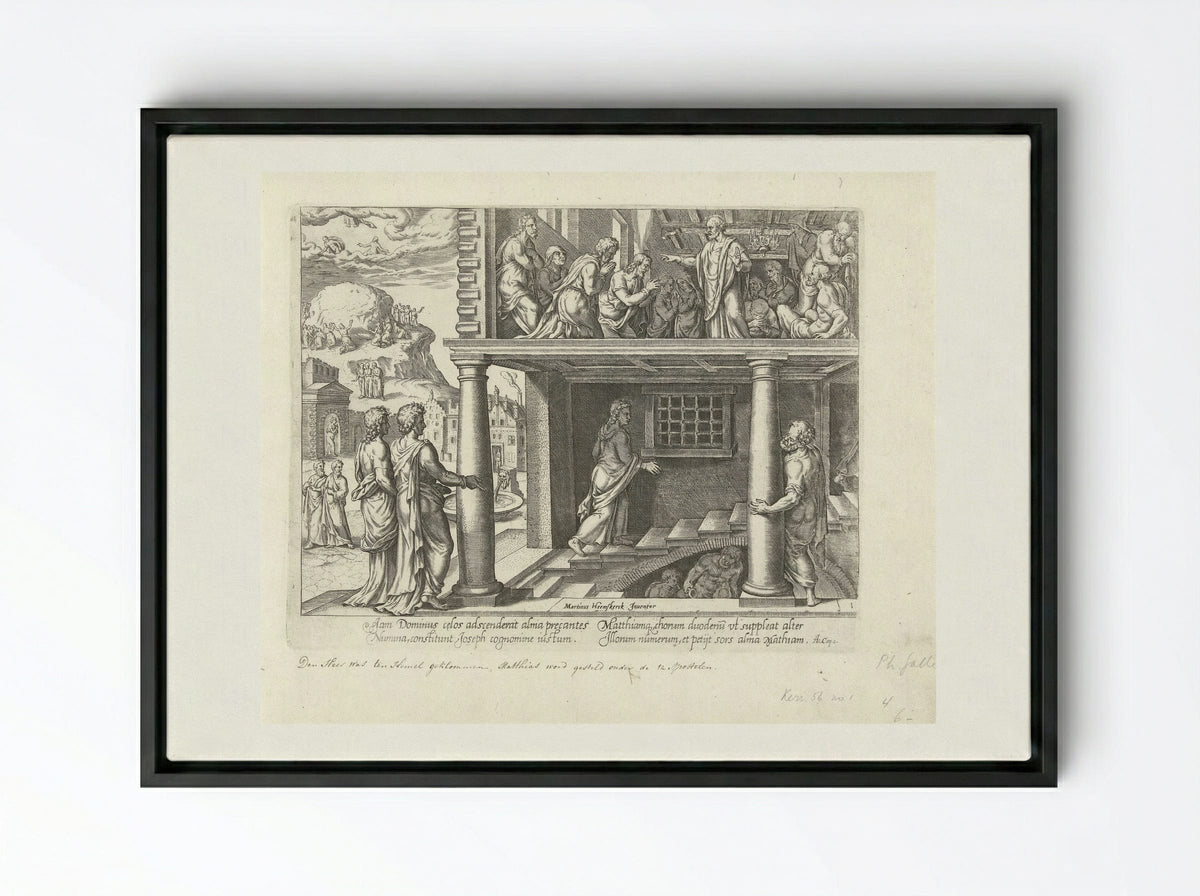 Hemelvaart van Christus en verkiezing van Mattias - Philips Galle - Framed Canvas Black