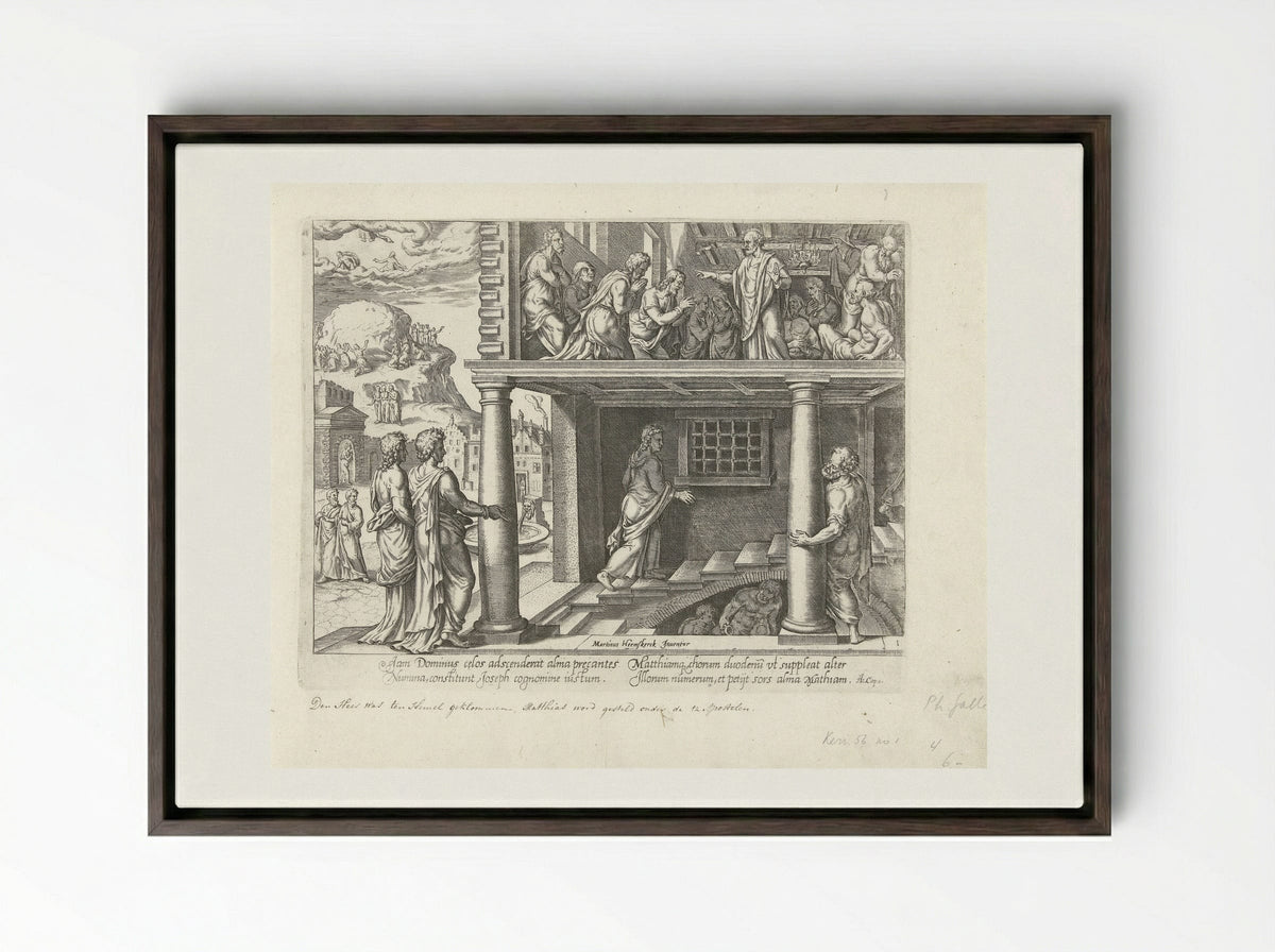 Hemelvaart van Christus en verkiezing van Mattias - Philips Galle - Framed Canvas Dark Wood