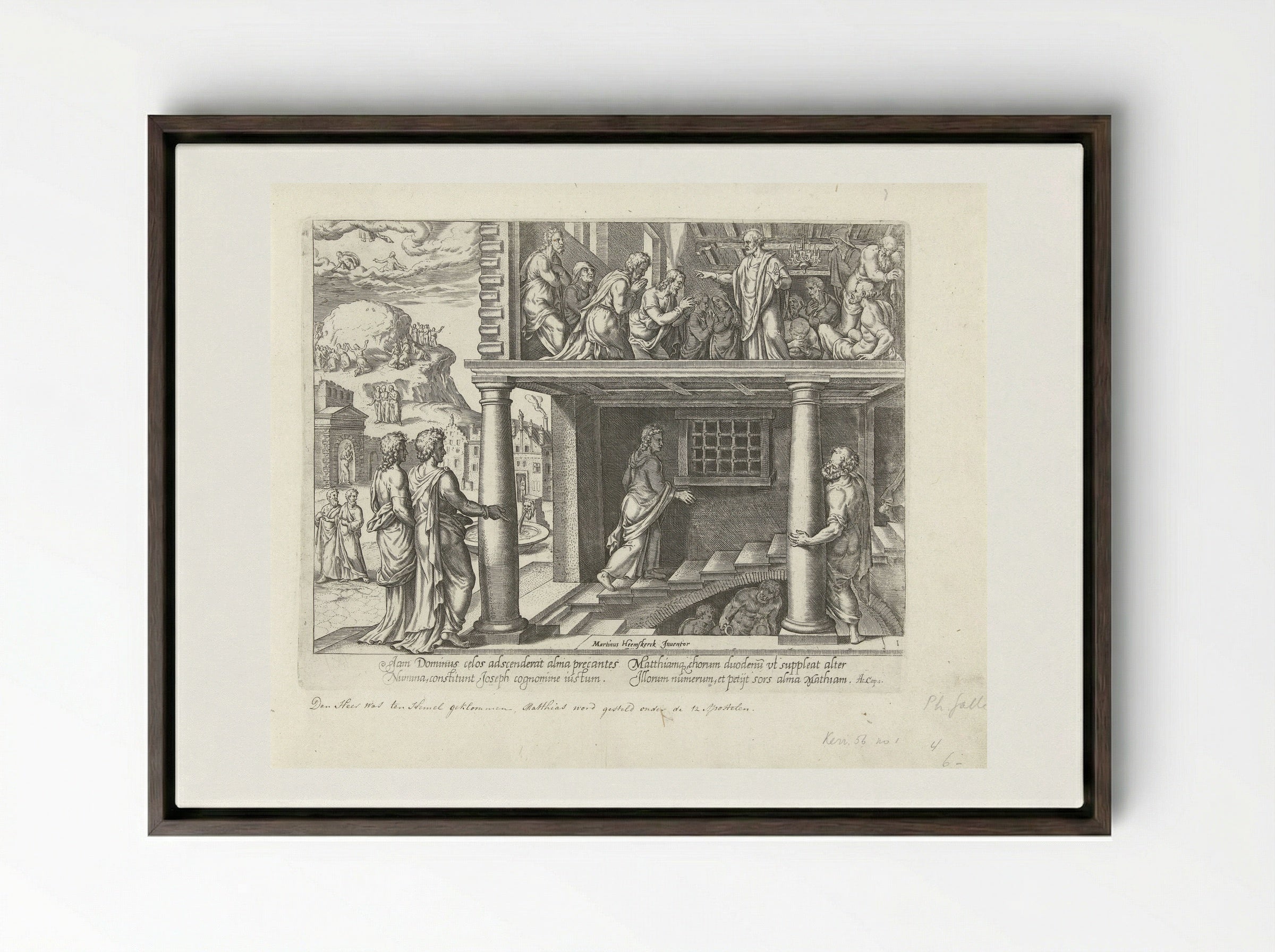 Hemelvaart van Christus en verkiezing van Mattias - Philips Galle - Framed Canvas Dark Wood