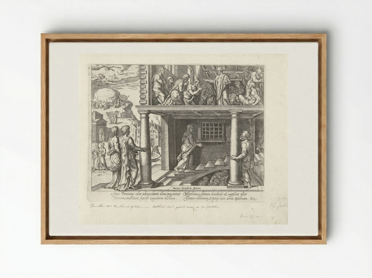 Hemelvaart van Christus en verkiezing van Mattias - Philips Galle - Framed Canvas Wood