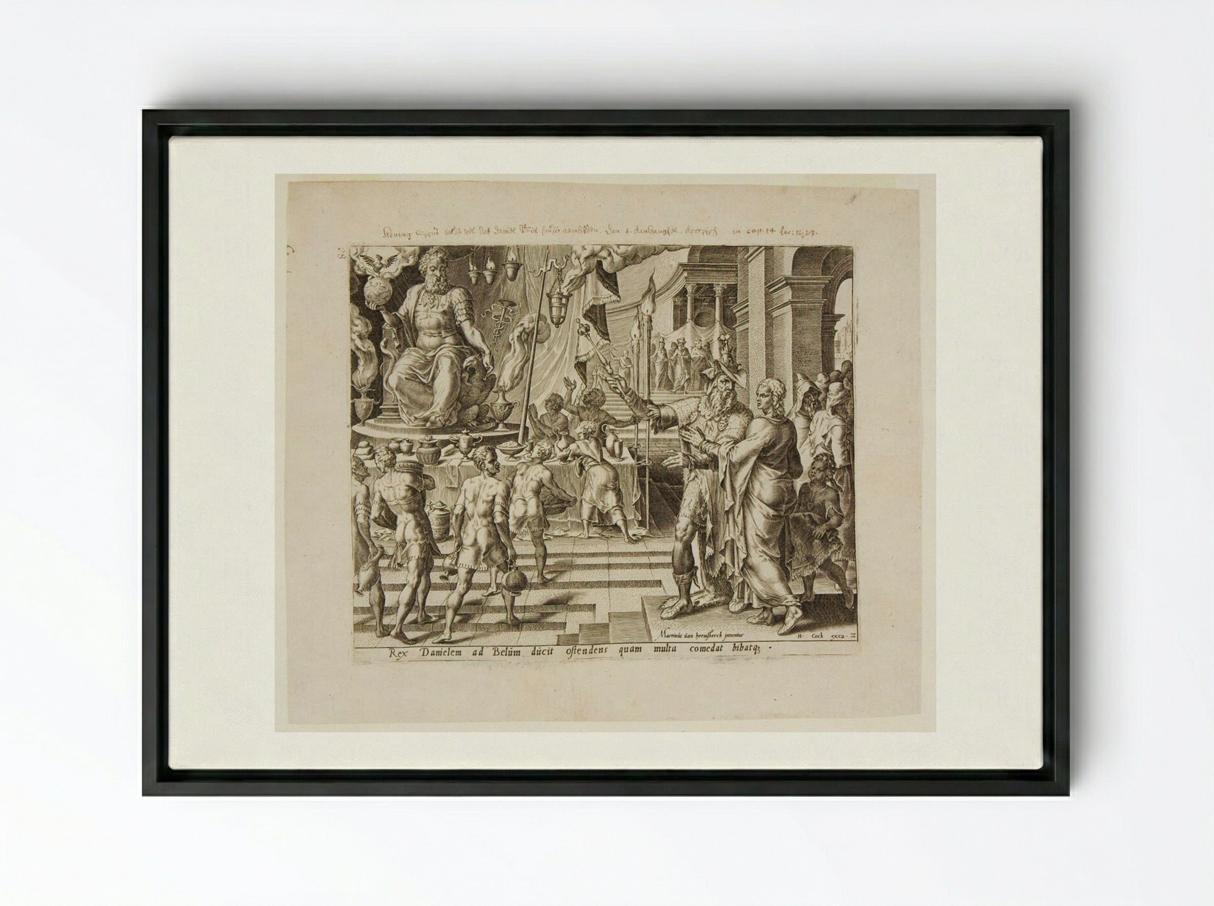 King Cyrus and the Priests Show Baal to Daniel - Philips Galle - Framed Canvas Black