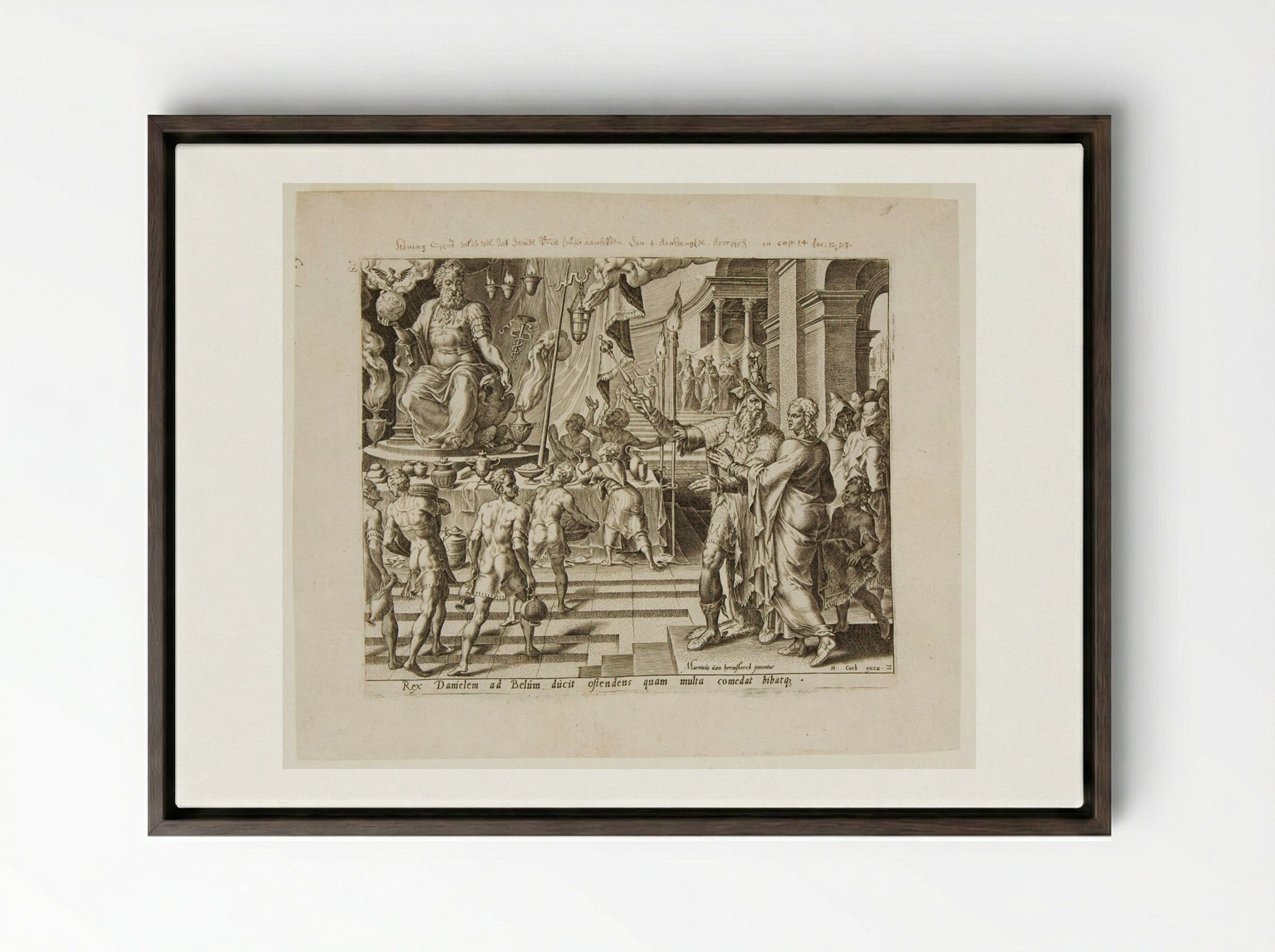 King Cyrus and the Priests Show Baal to Daniel - Philips Galle - Framed Canvas Dark Wood