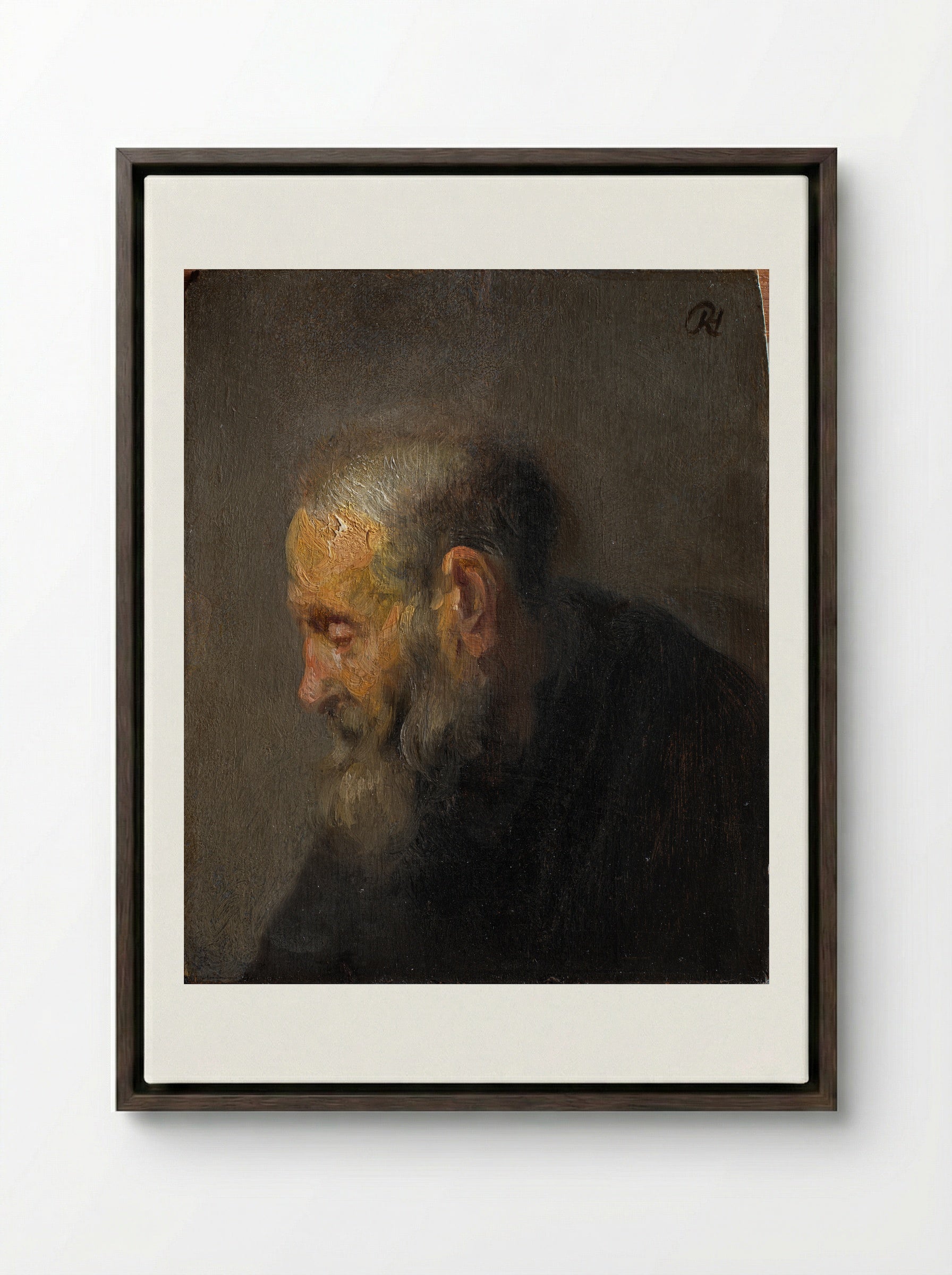 Study Head of an Old Man - Rembrandt van Rijn - Framed Canvas Dark Wood