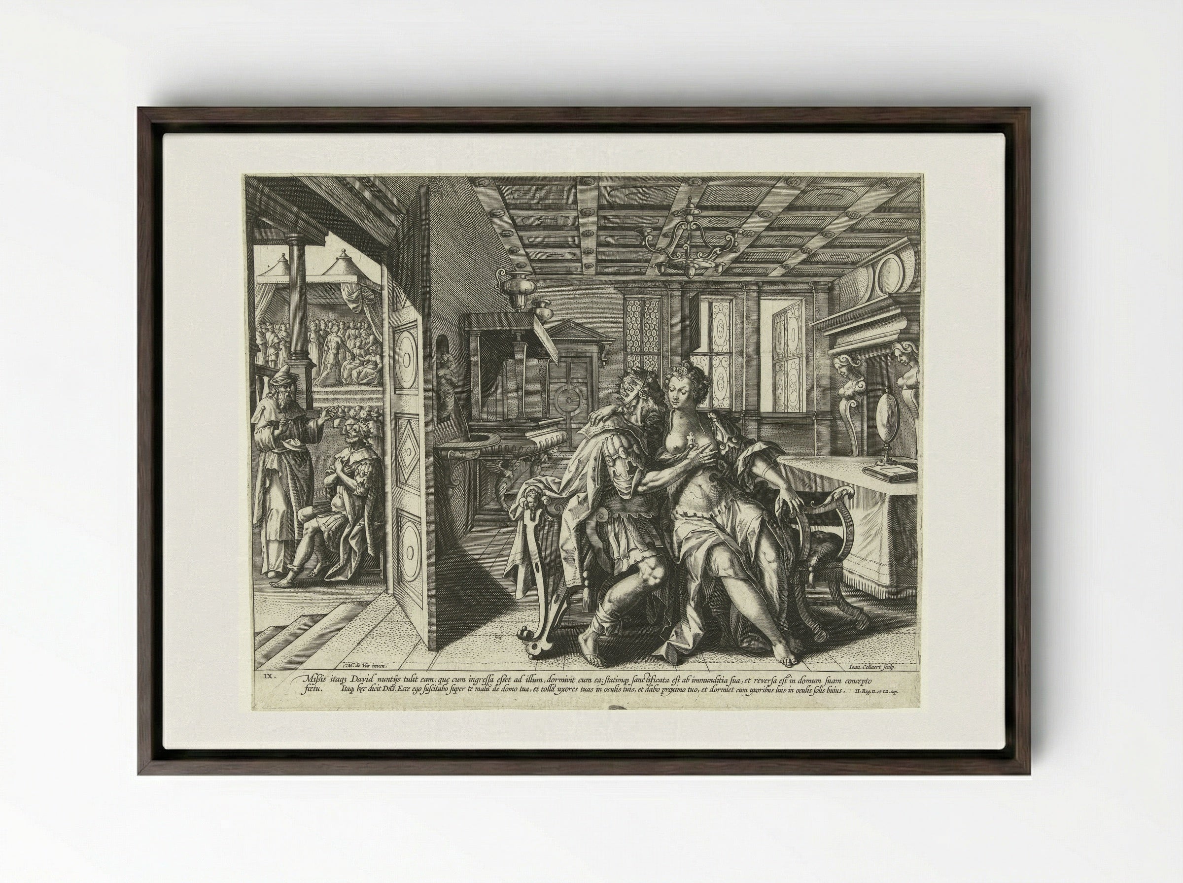 David and Bathsheba: The Ninth Commandment - Philips Galle - Framed Canvas Dark Wood