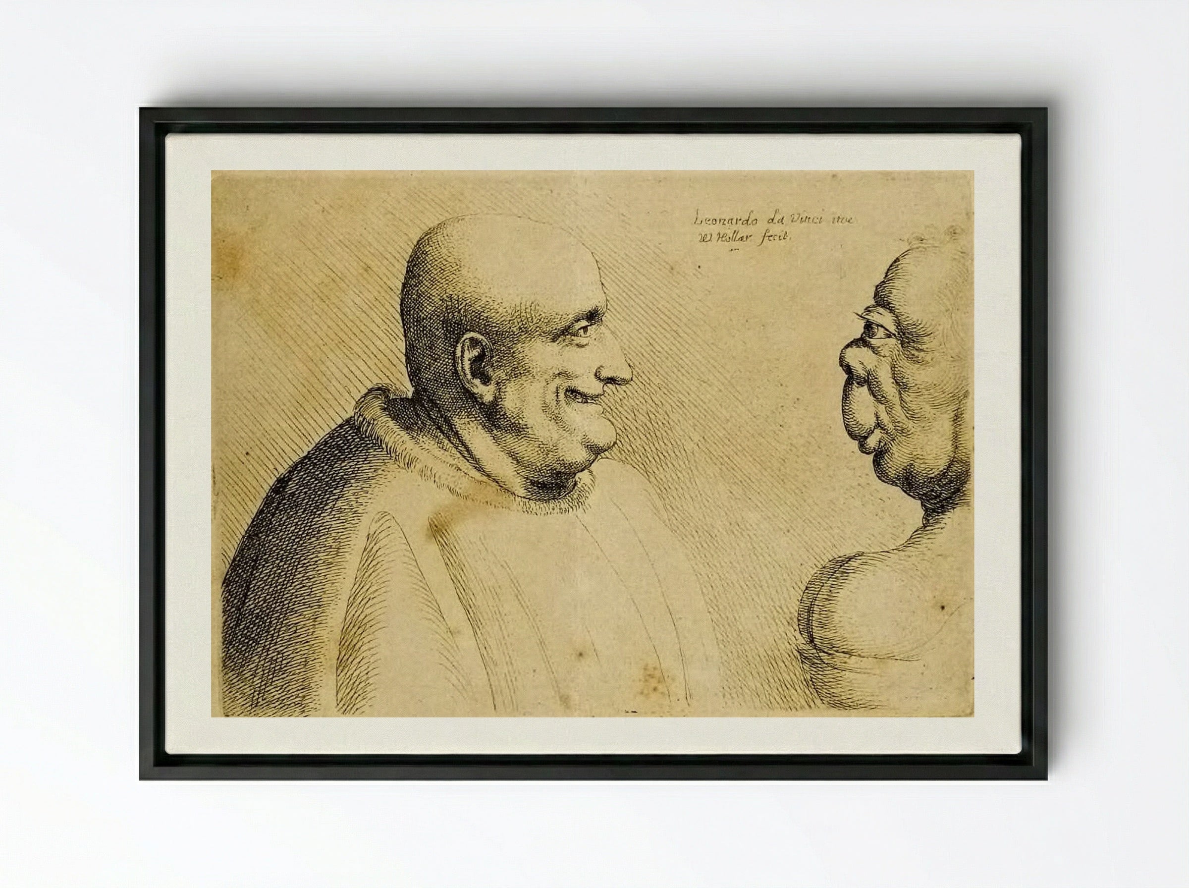 A Large Man with a Bald Head Facing a Grotesque Female - Wenceslaus Hollar - Framed Canvas Black