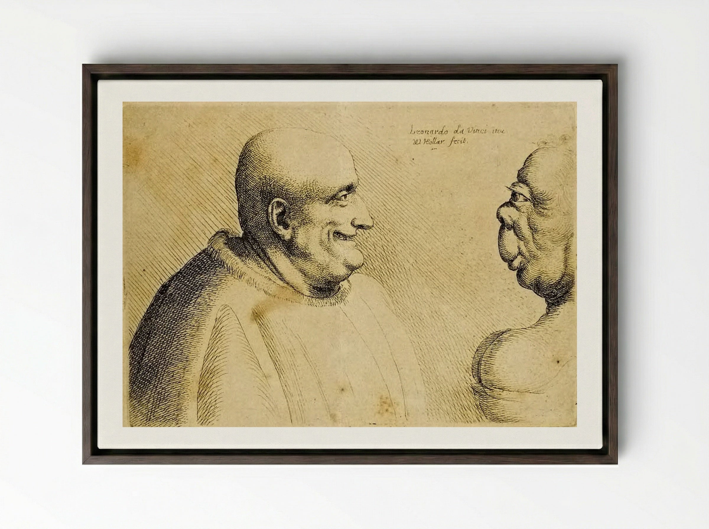 A Large Man with a Bald Head Facing a Grotesque Female - Wenceslaus Hollar - Framed Canvas Dark Wood