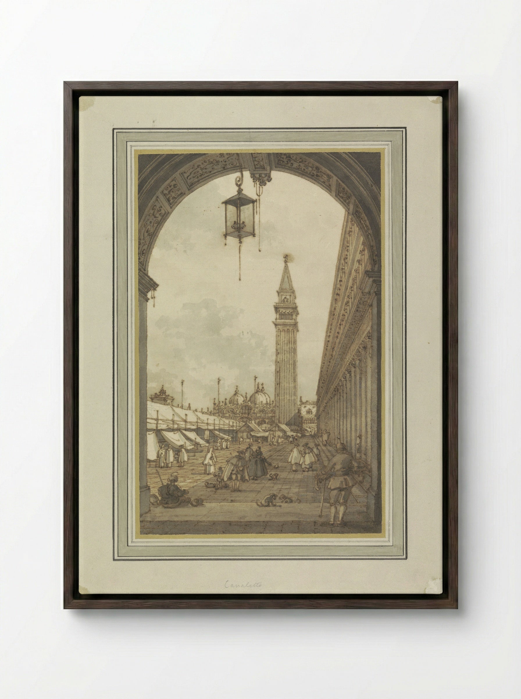 Piazza San Marco, Venice, Seen from the Southwest - Canaletto - Framed Canvas Dark Wood