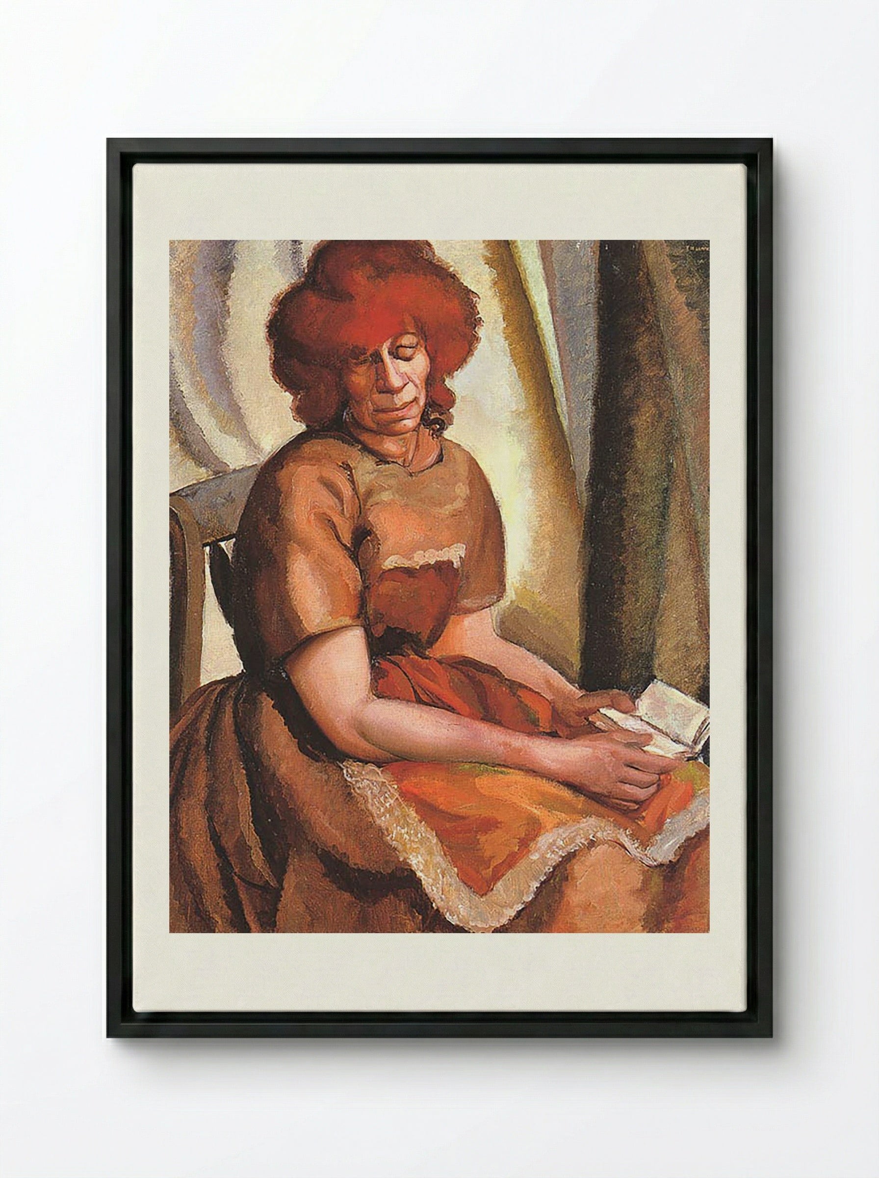 Redheaded Woman Reading - David Bomberg - Framed Canvas Black