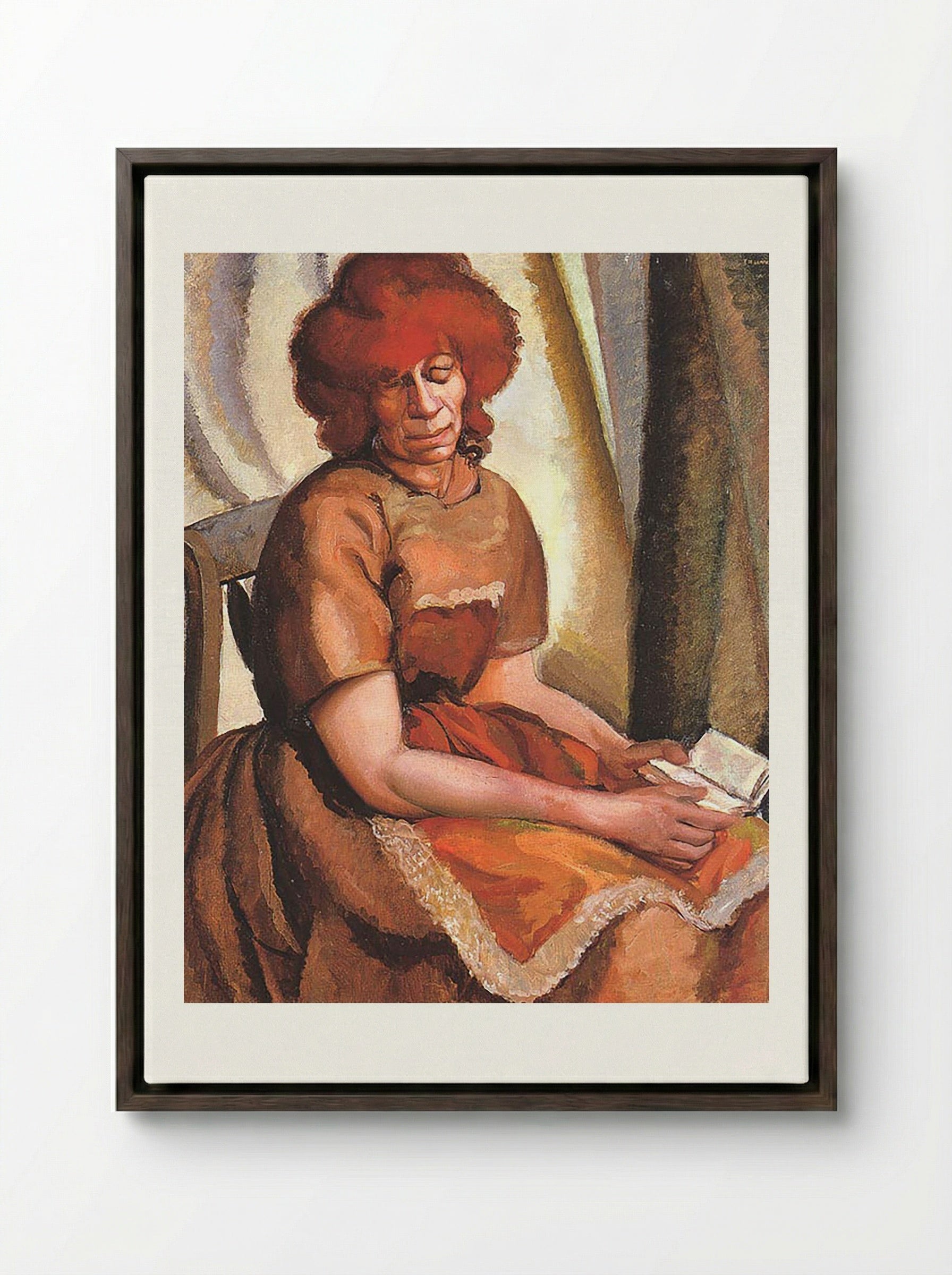 Redheaded Woman Reading - David Bomberg - Framed Canvas Dark Wood