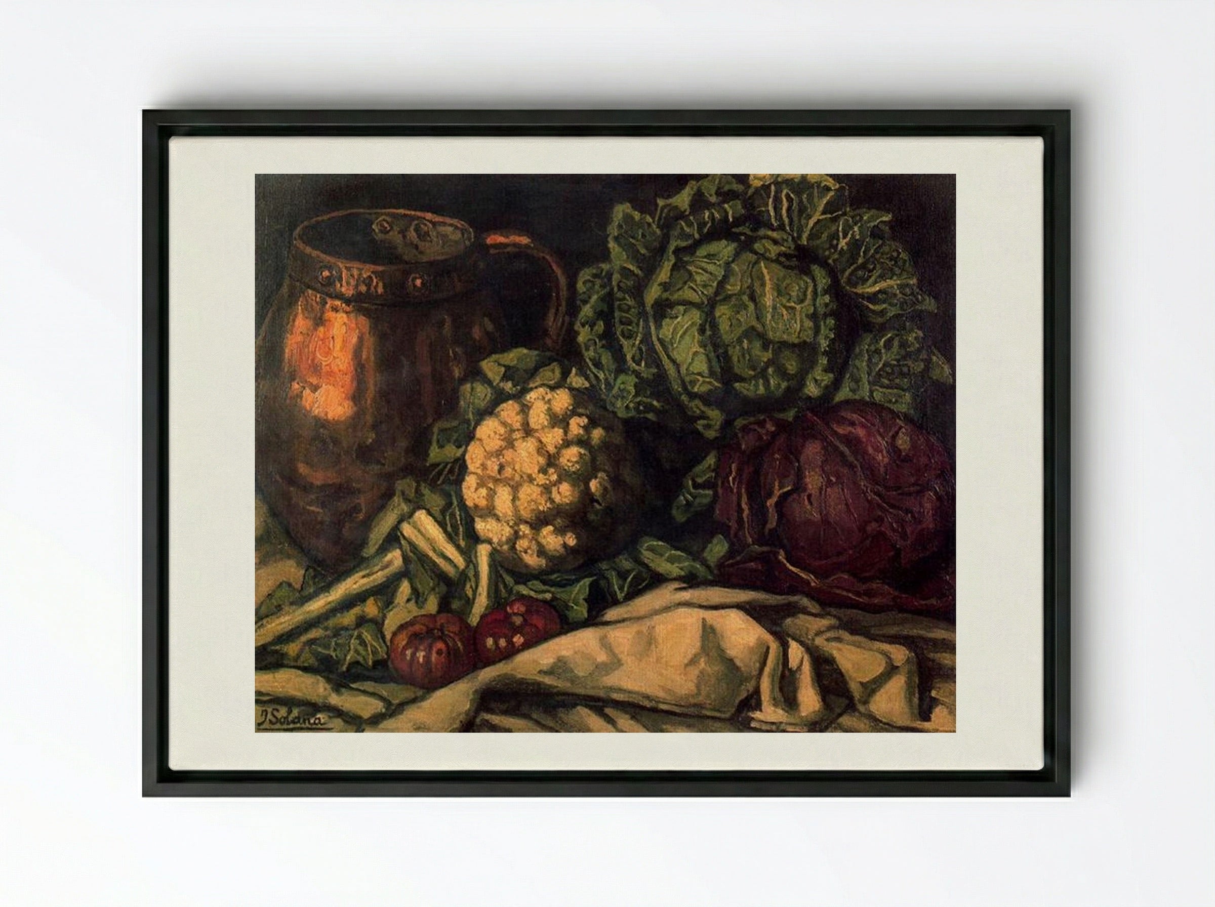 Still Life with Red Cabbage, Copper, Cauliflower and Cabbage - José Gutiérrez Solana - Framed Canvas Black