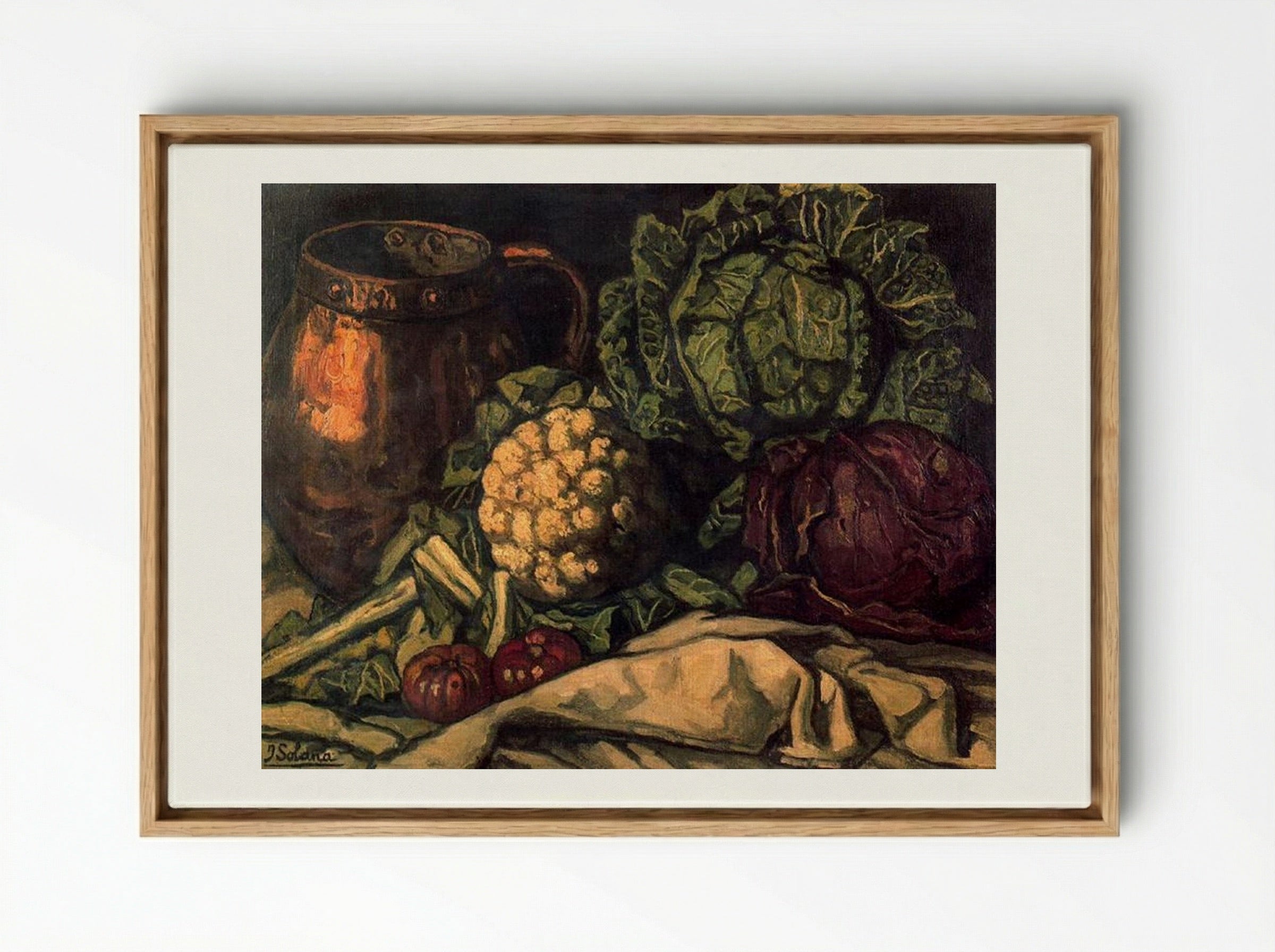 Still Life with Red Cabbage, Copper, Cauliflower and Cabbage - José Gutiérrez Solana - Framed Canvas Wood