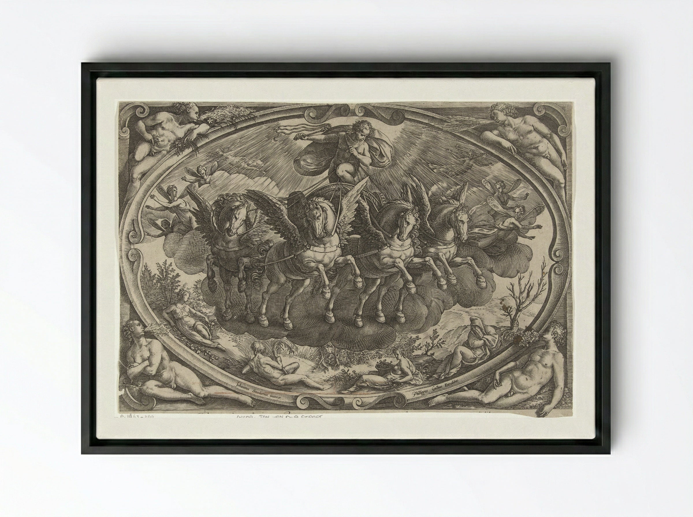 Apollo in the Sun Chariot - Philips Galle - Framed Canvas Black