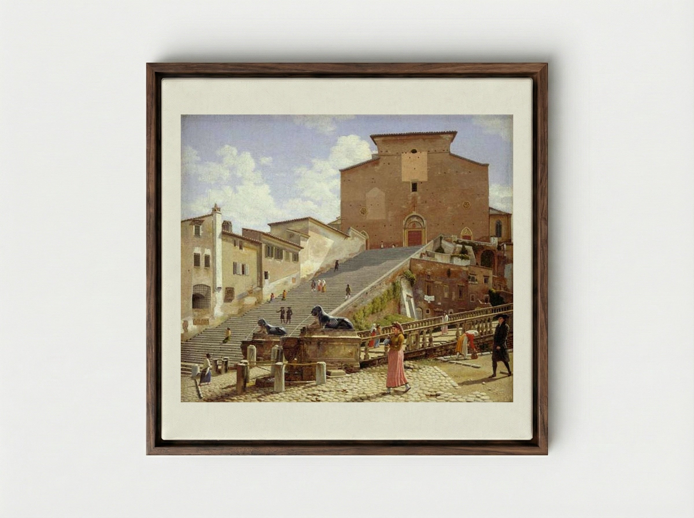 The Marble Staircase Leading to Santa Maria in Aracoeli, Rome - Christoffer Wilhelm Eckersberg - Framed Canvas Dark Wood