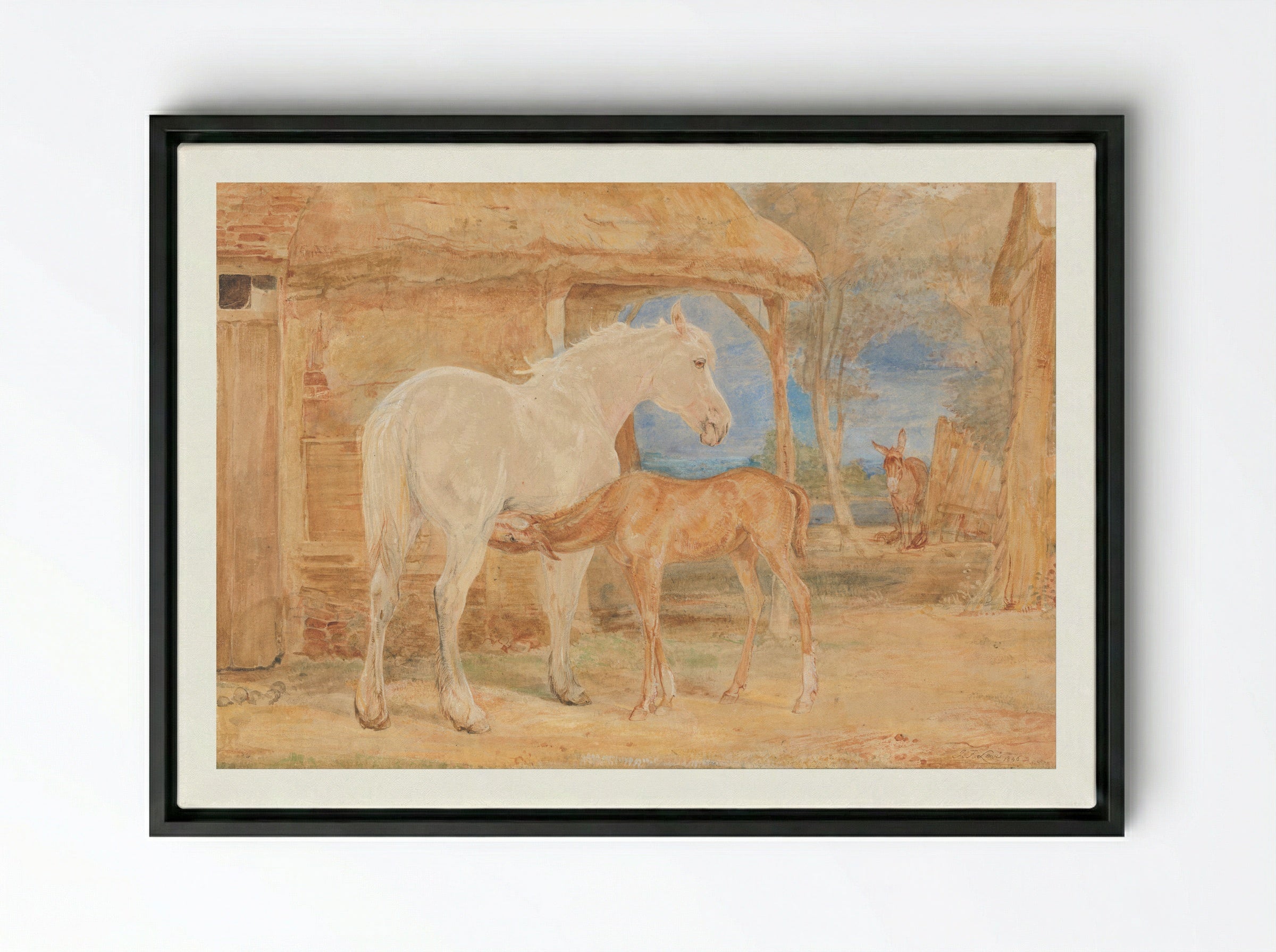 Mare and Foal - John Frederick Lewis - Framed Canvas Black