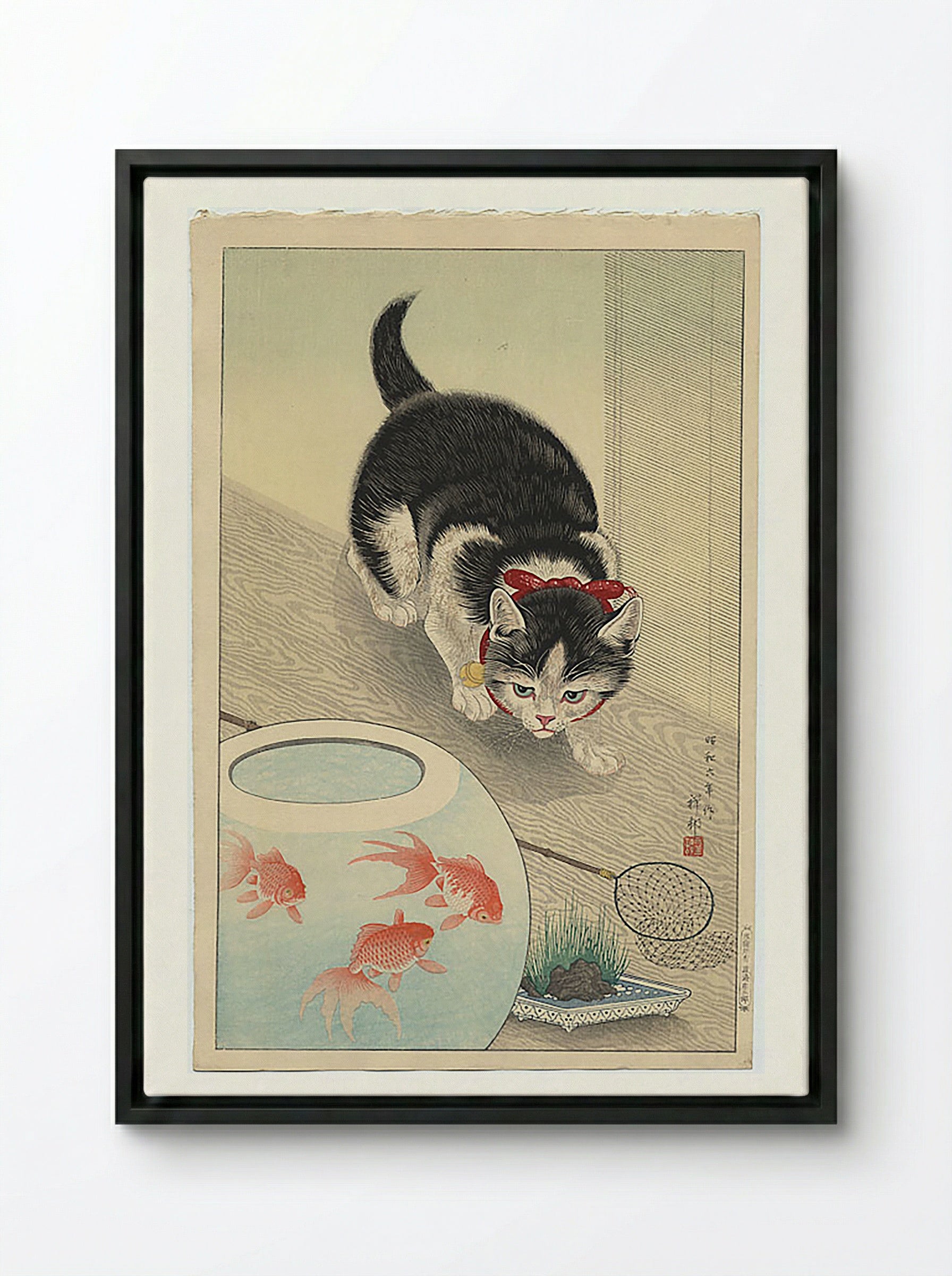 Cat and Bowl of Goldfish - Utagawa Kuniyoshi - Framed Canvas Black