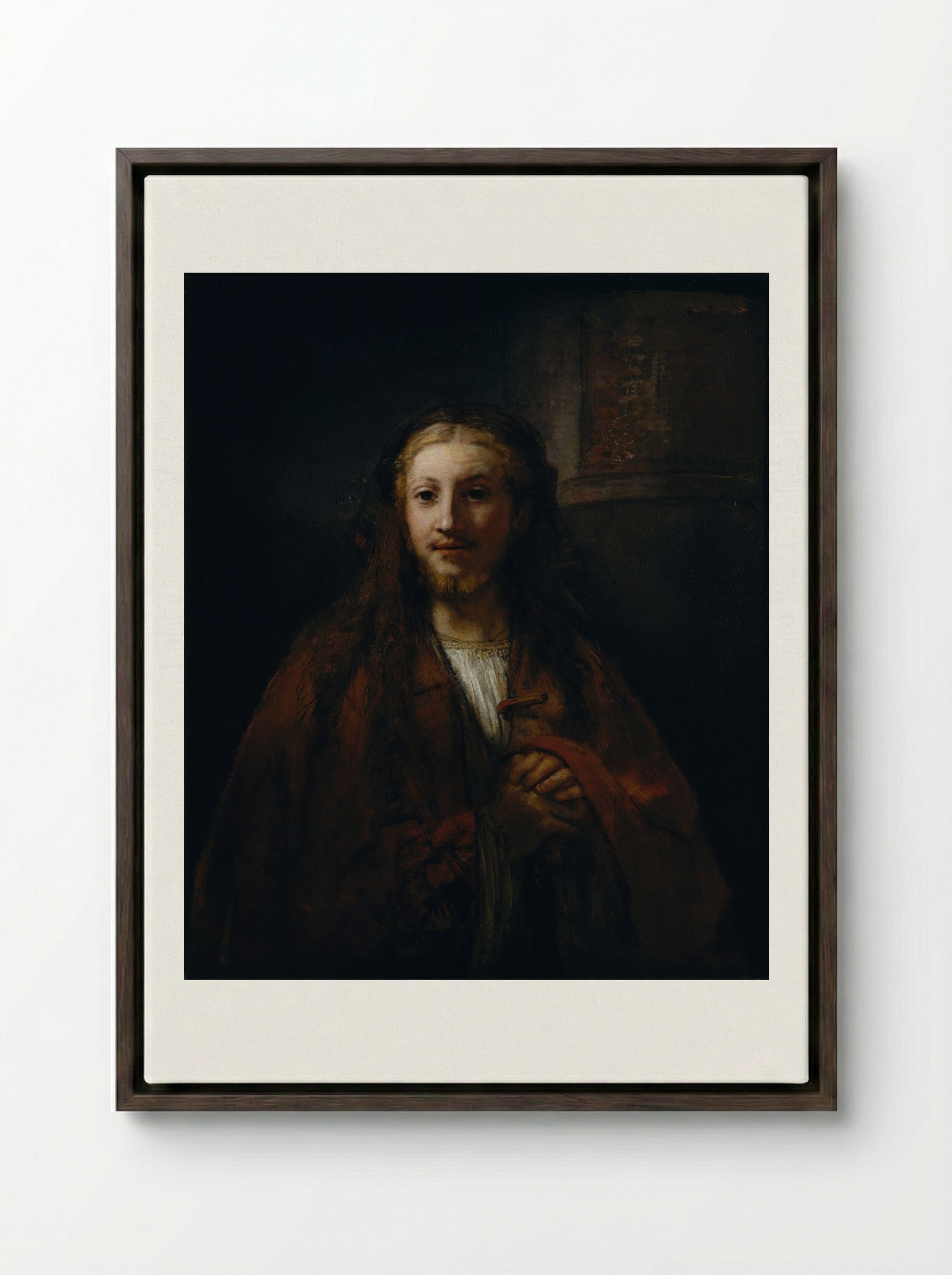 Head of Christ - Rembrandt van Rijn - Framed Canvas Dark Wood