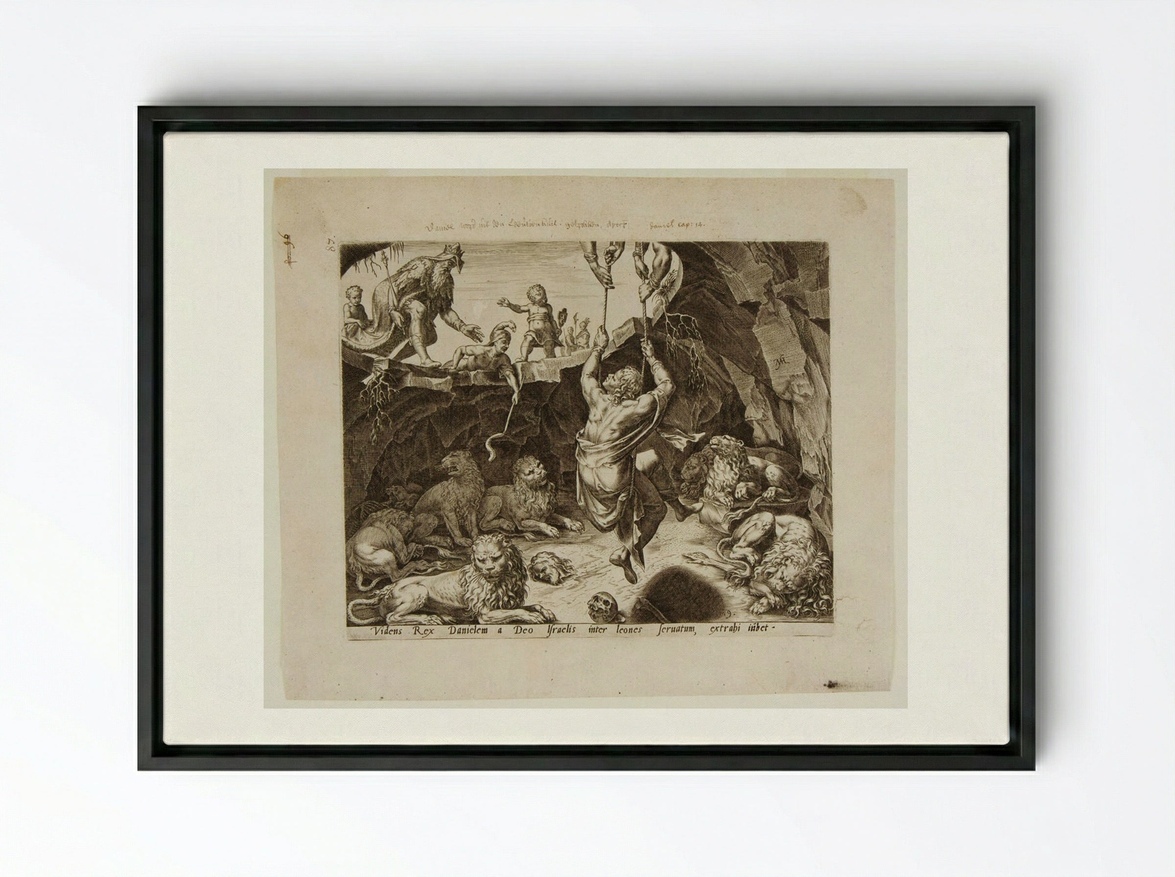 King Cyrus Rescues Daniel from the Lion's Den - Philips Galle - Framed Canvas Black