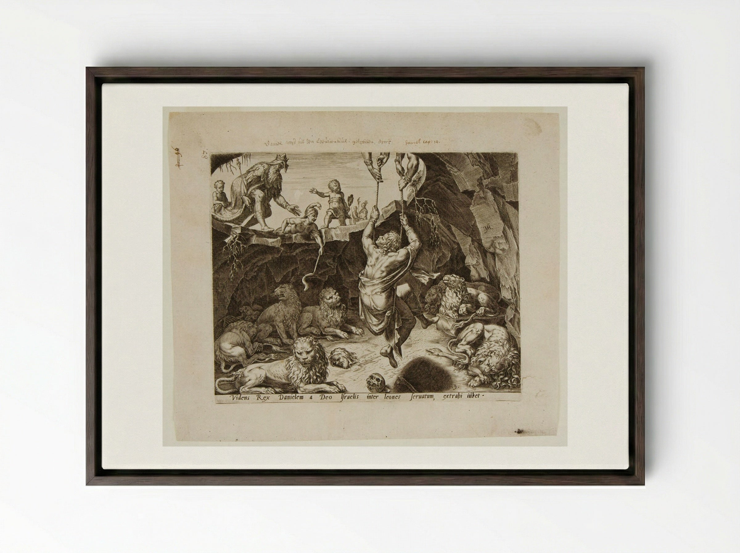 King Cyrus Rescues Daniel from the Lion's Den - Philips Galle - Framed Canvas Dark Wood
