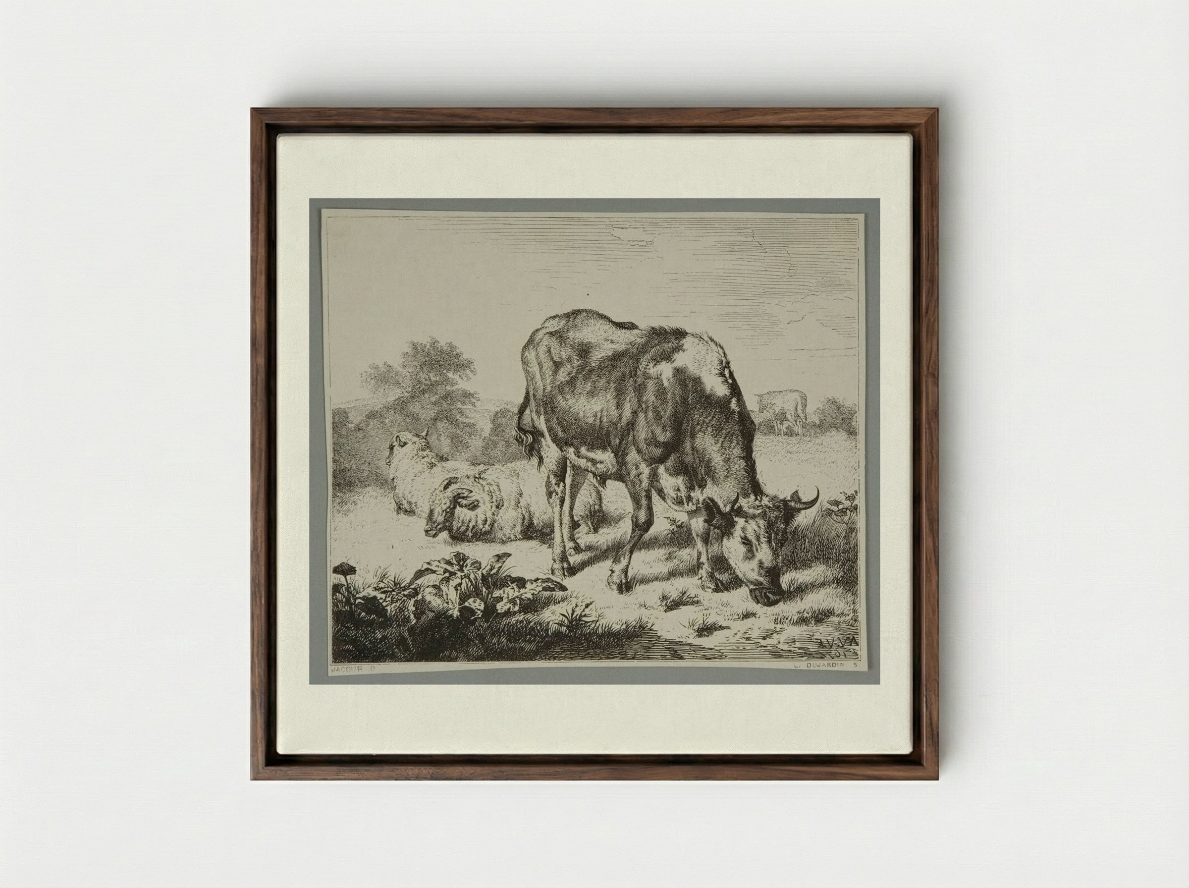 Ox and Three Sheep - Louis Dujardin - Framed Canvas Dark Wood