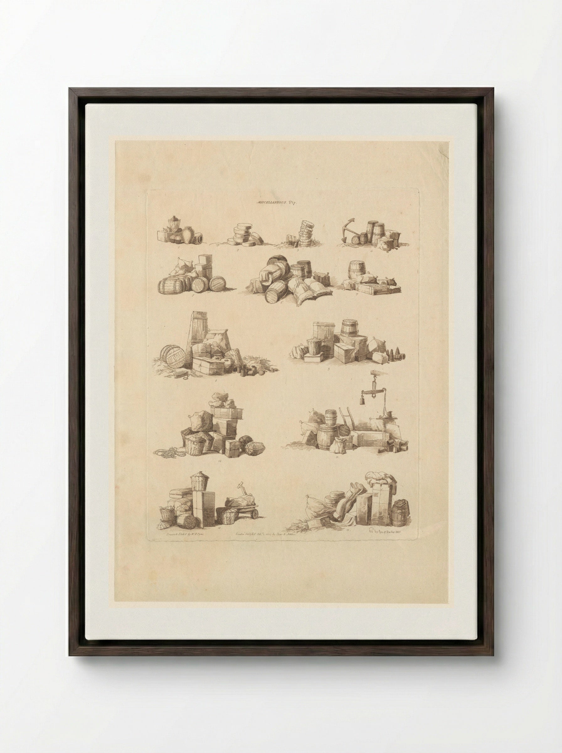 Dertien stapels met diverse containers - John Hill - Framed Canvas Dark Wood