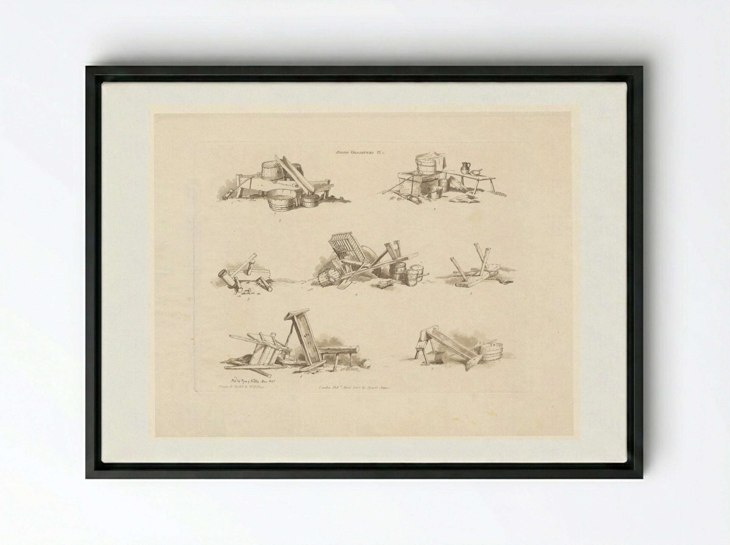 Rustic Vignettes, Plate 1 - William Henry Pyne - Framed Canvas Black