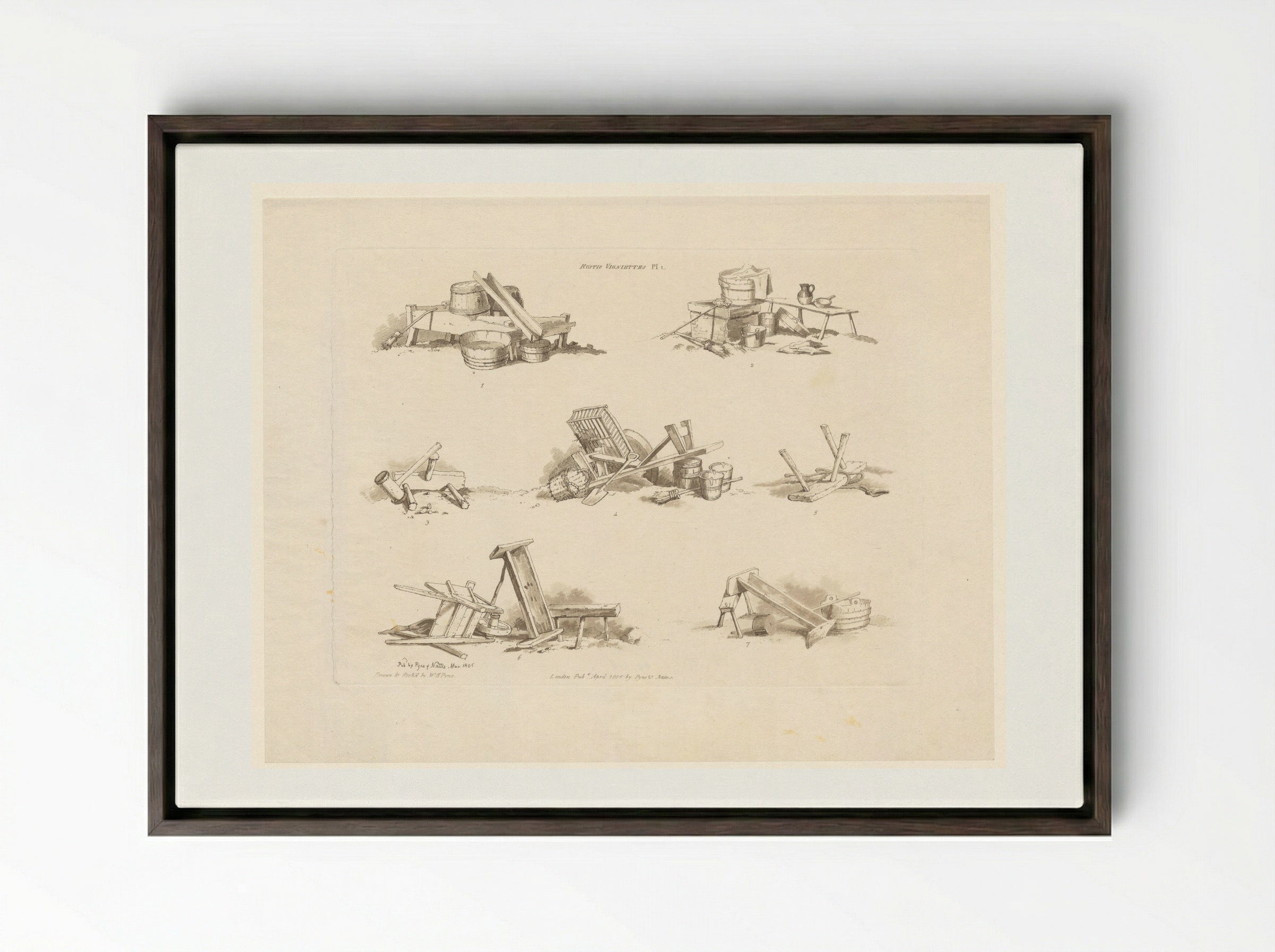 Rustic Vignettes, Plate 1 - William Henry Pyne - Framed Canvas Dark Wood