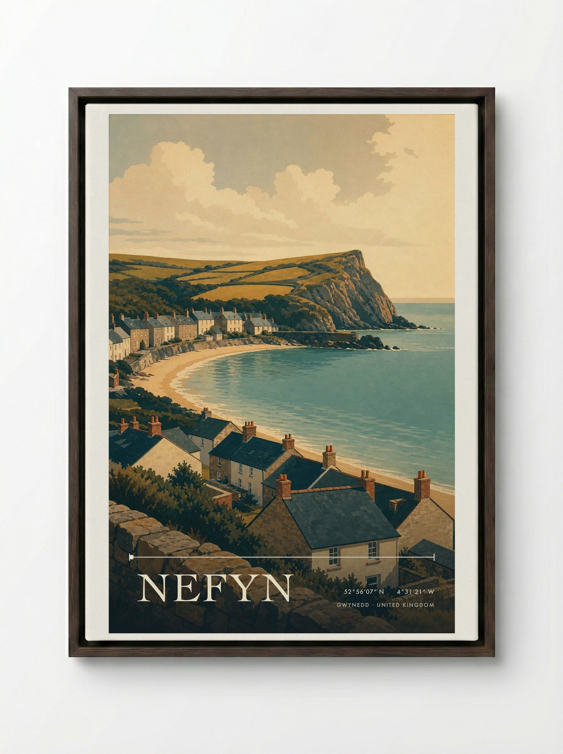 Nefyn Gwynedd United Kingdom Travel Poster - Framed Canvas Dark Wood