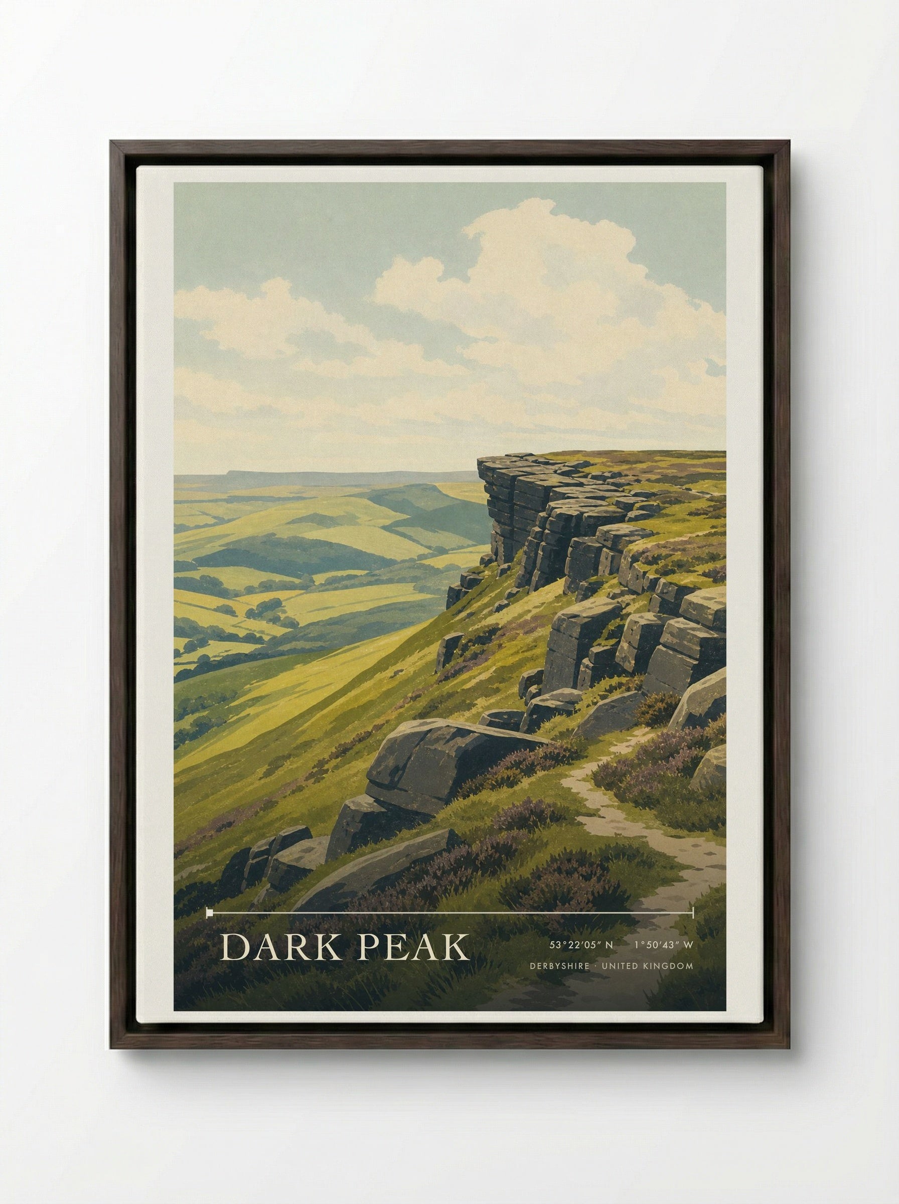 Dark Peak Derbyshire United Kingdom Travel Poster - Framed Canvas Dark Wood