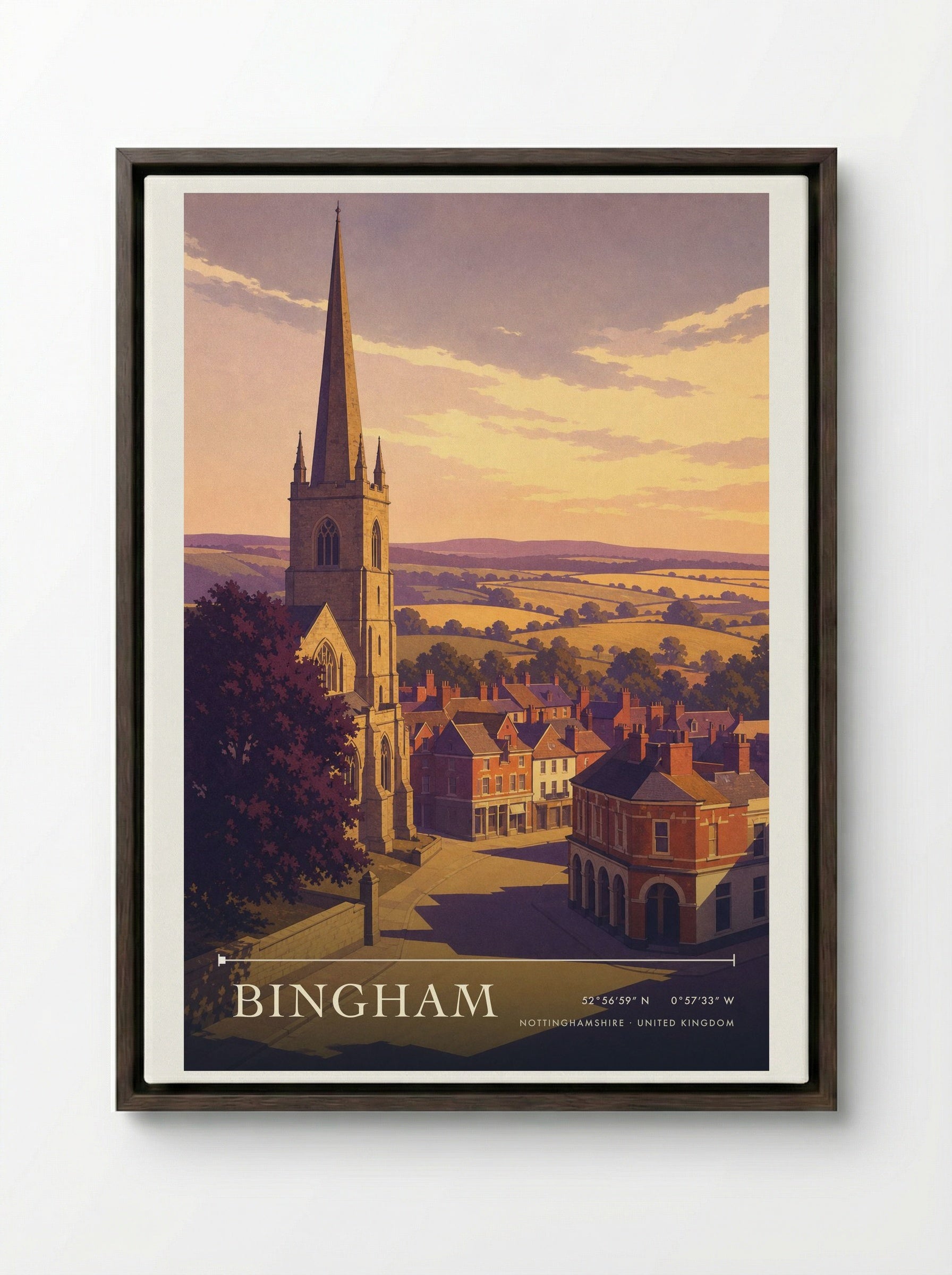 Bingham Nottinghamshire United Kingdom Travel Poster - Framed Canvas Dark Wood