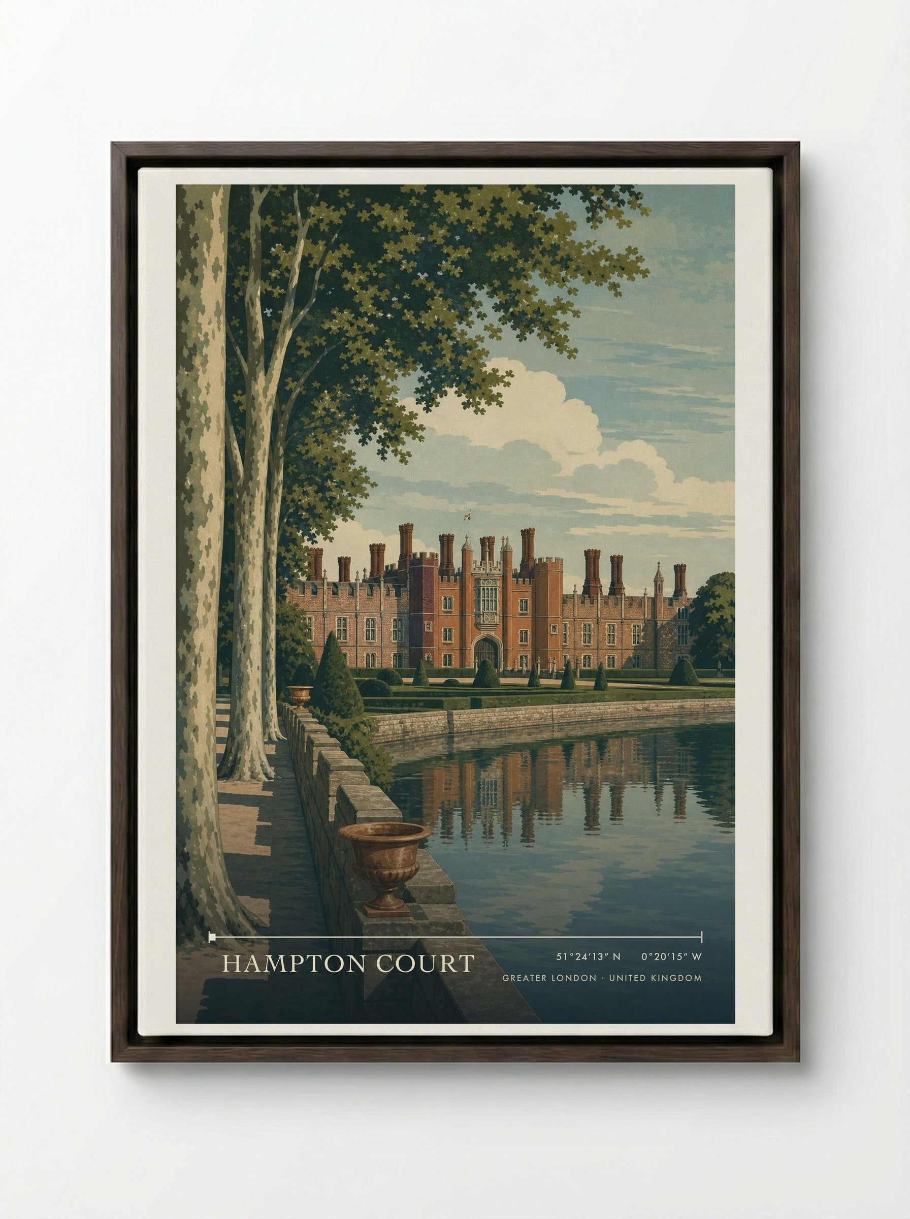 Hampton Court Greater London United Kingdom Travel Poster - Framed Canvas Dark Wood