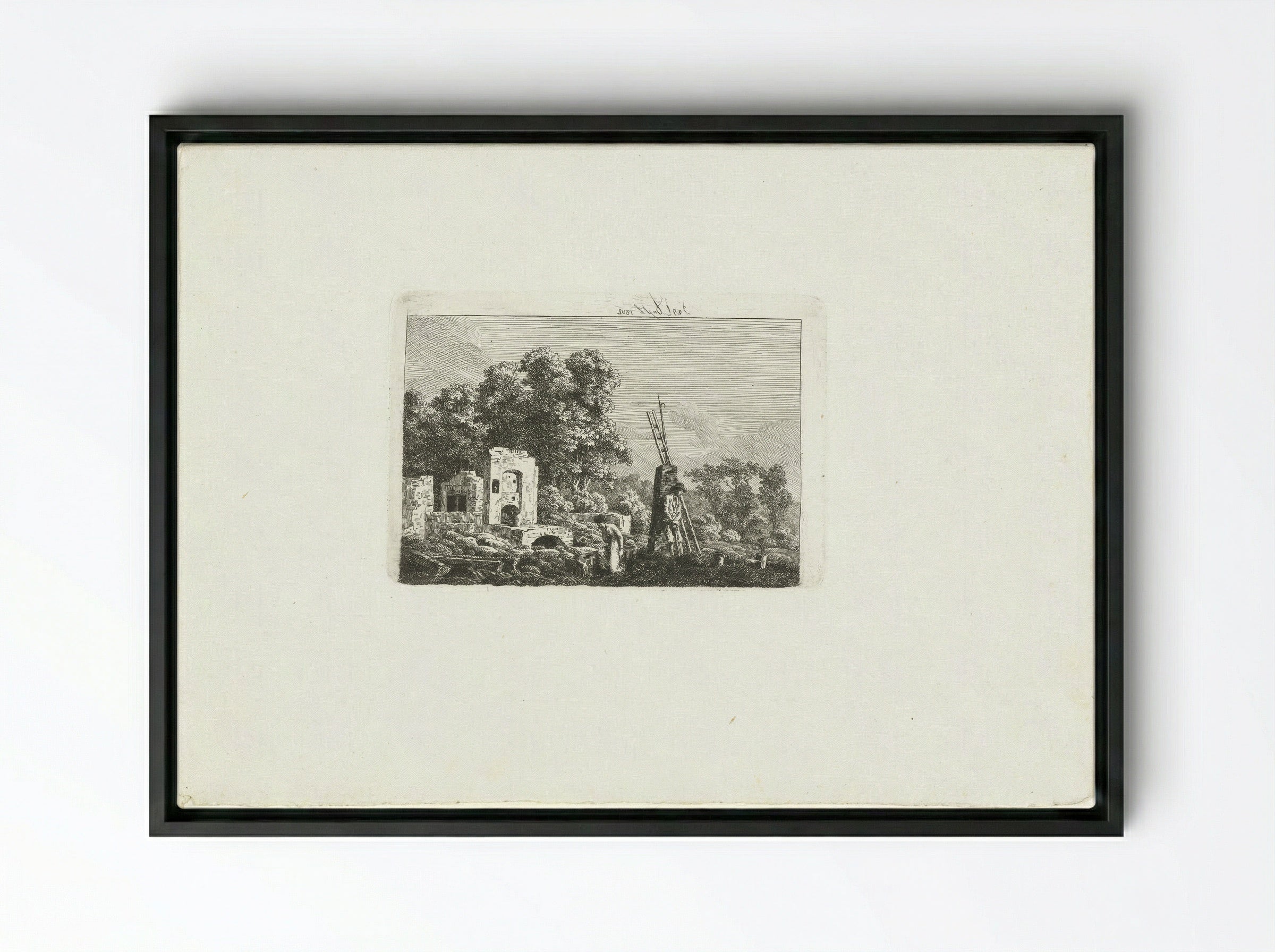 Man and Woman Contemplating the Remains of Their Burnt-Down House - Caspar David Friedrich - Framed Canvas Black