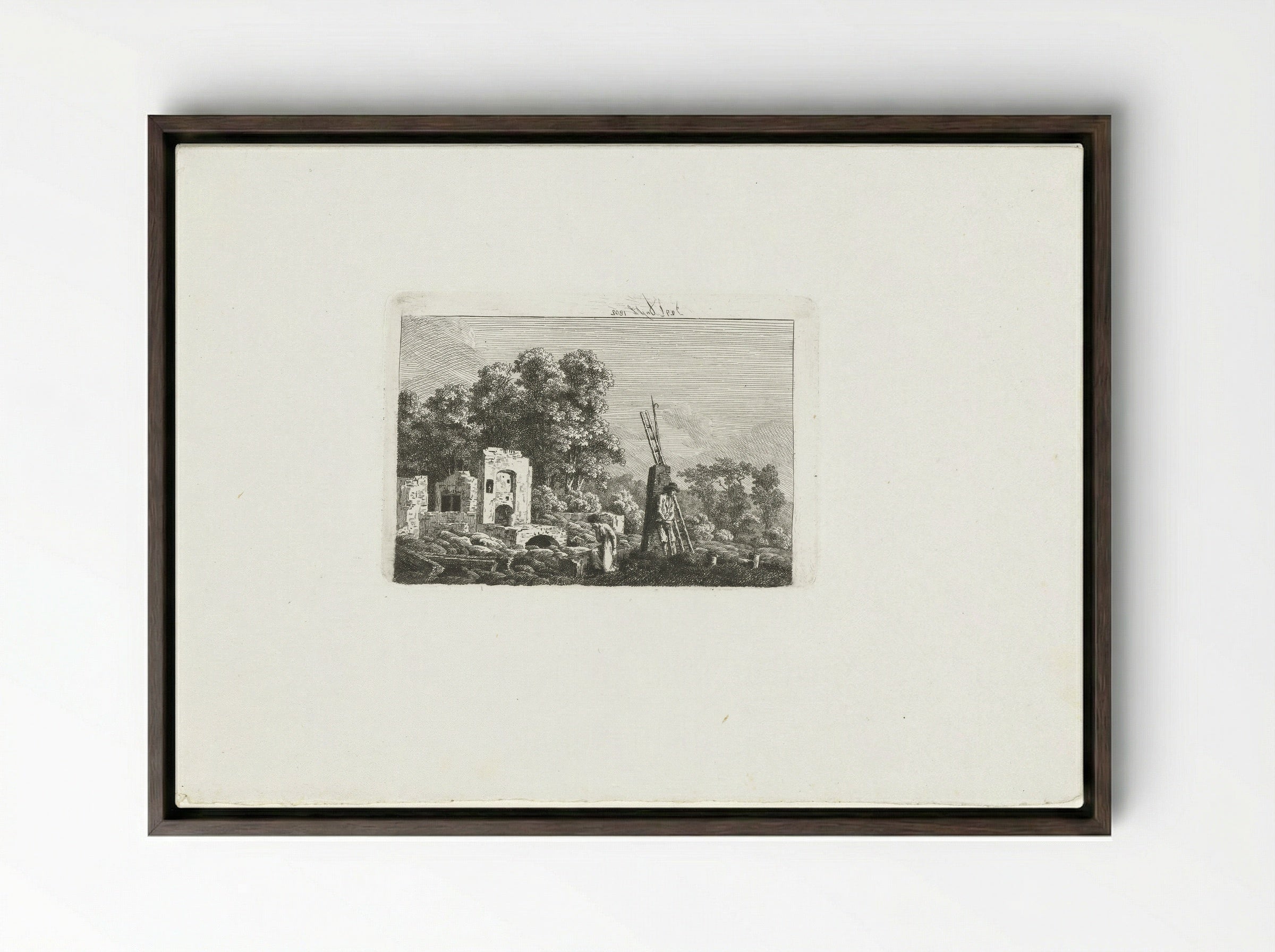 Man and Woman Contemplating the Remains of Their Burnt-Down House - Caspar David Friedrich - Framed Canvas Dark Wood