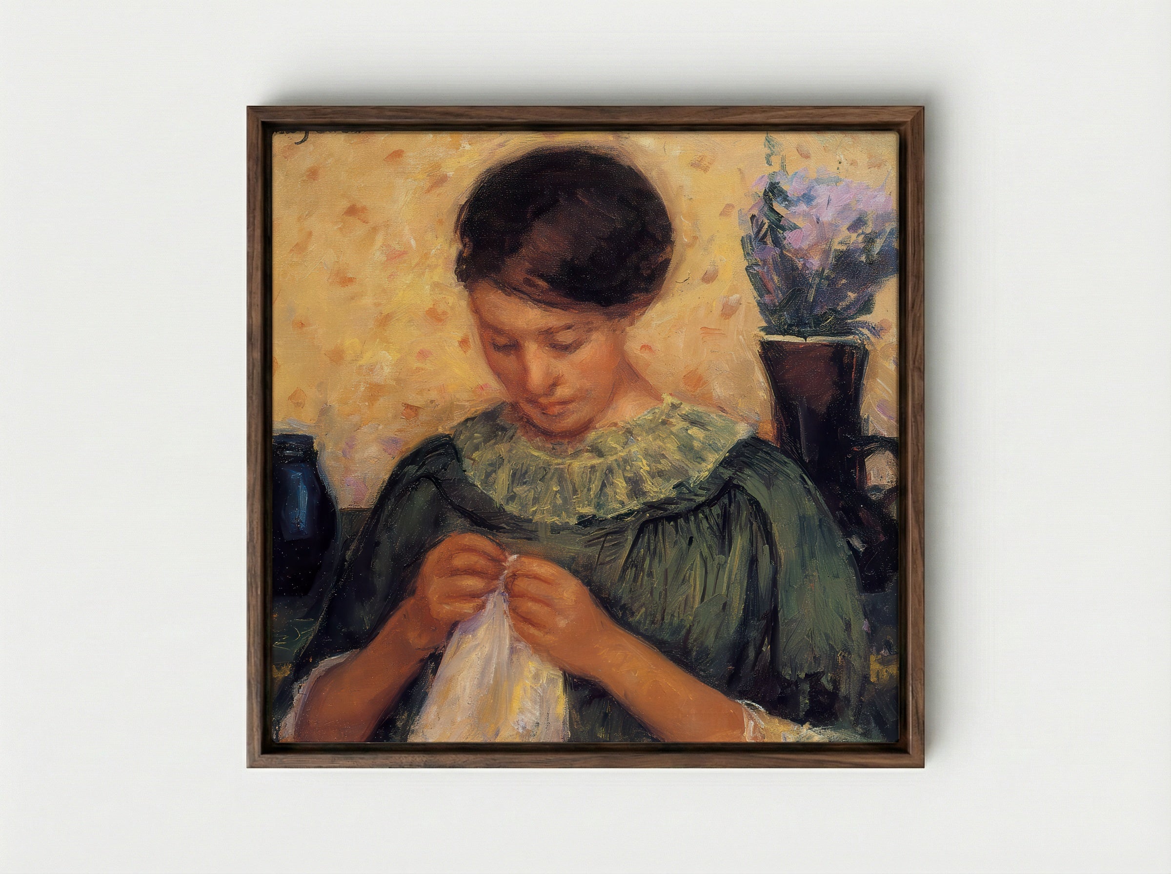 Young Woman Sewing - Mary Cassatt - Framed Canvas Dark Wood