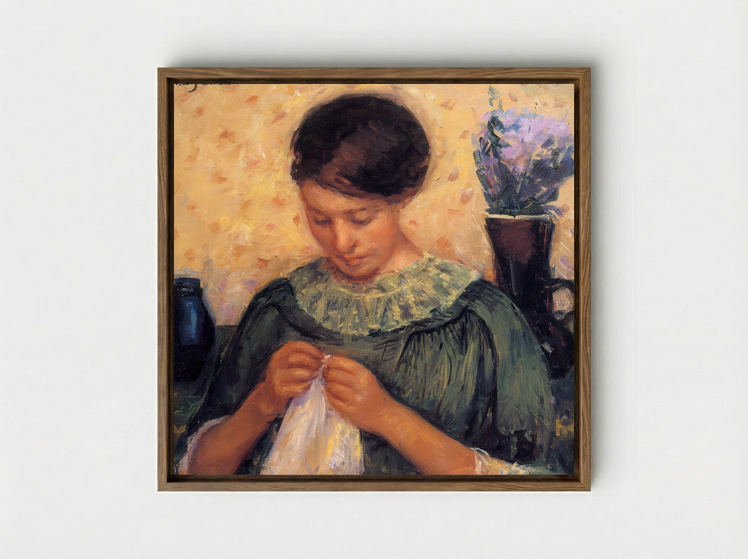 Young Woman Sewing - Mary Cassatt - Framed Canvas Wood