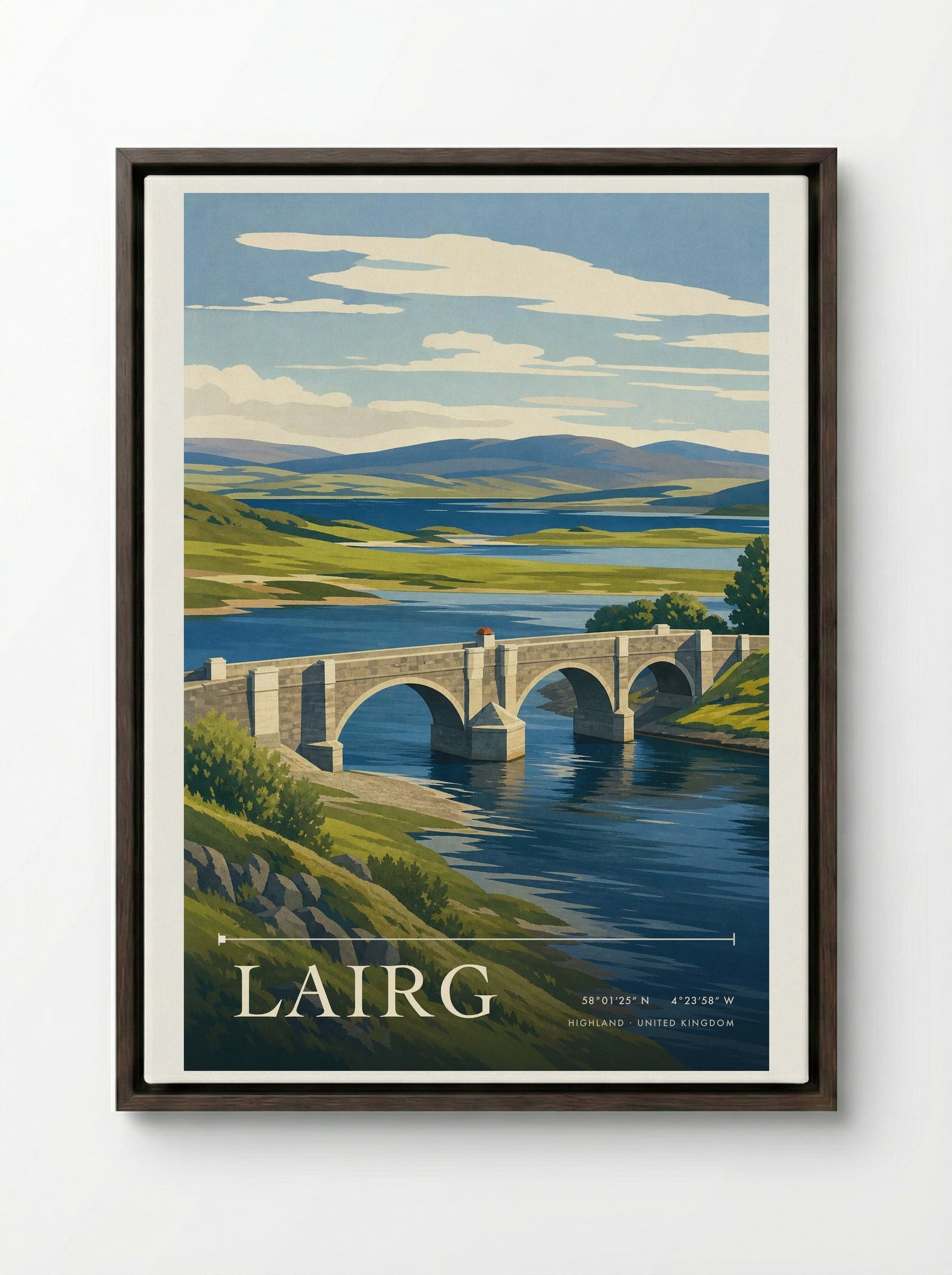 Lairg Highland United Kingdom Travel Poster - Framed Canvas Dark Wood