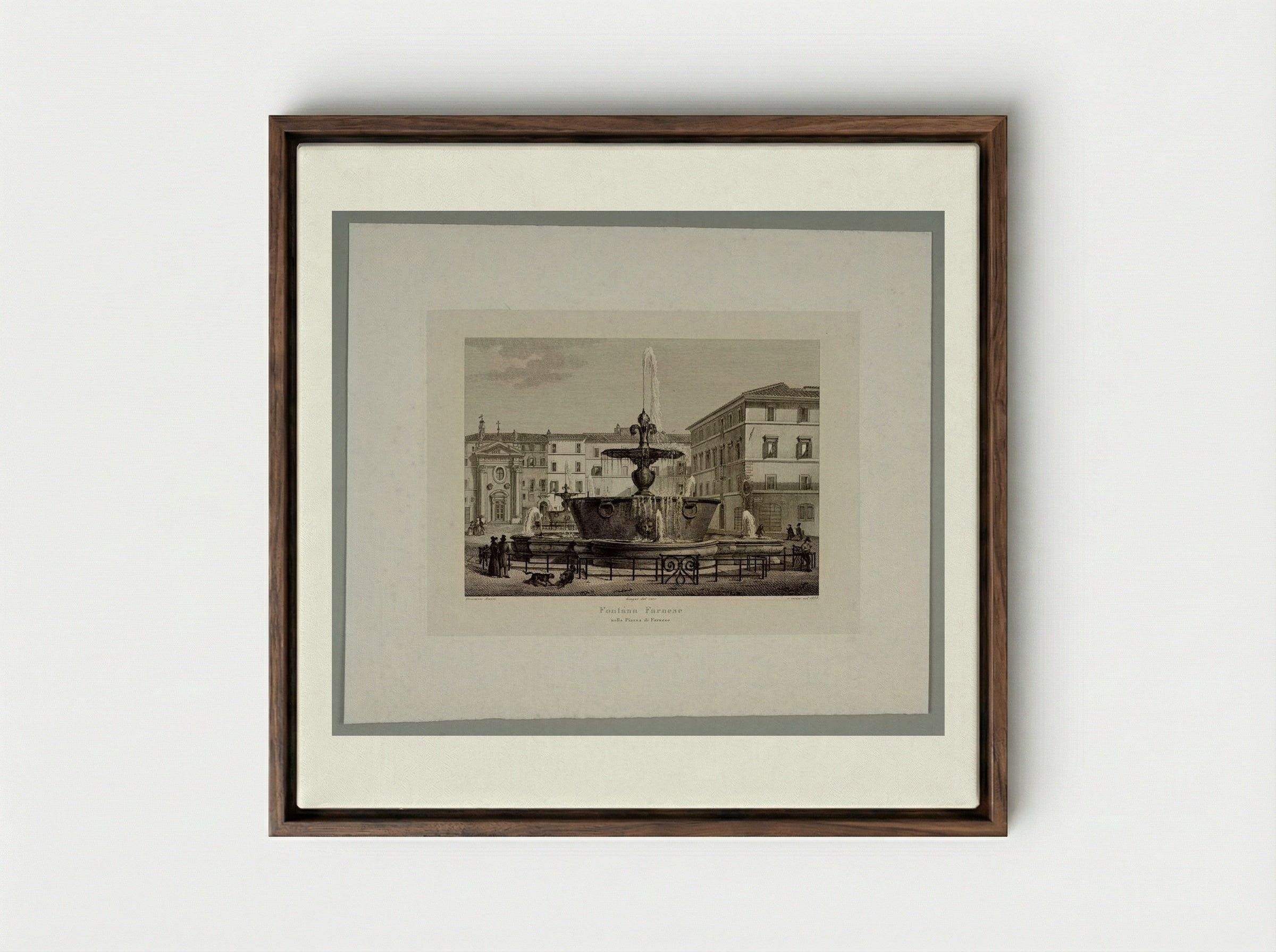 Farnese Fountain in the Piazza Farnese - Domenico Amici - Framed Canvas Dark Wood