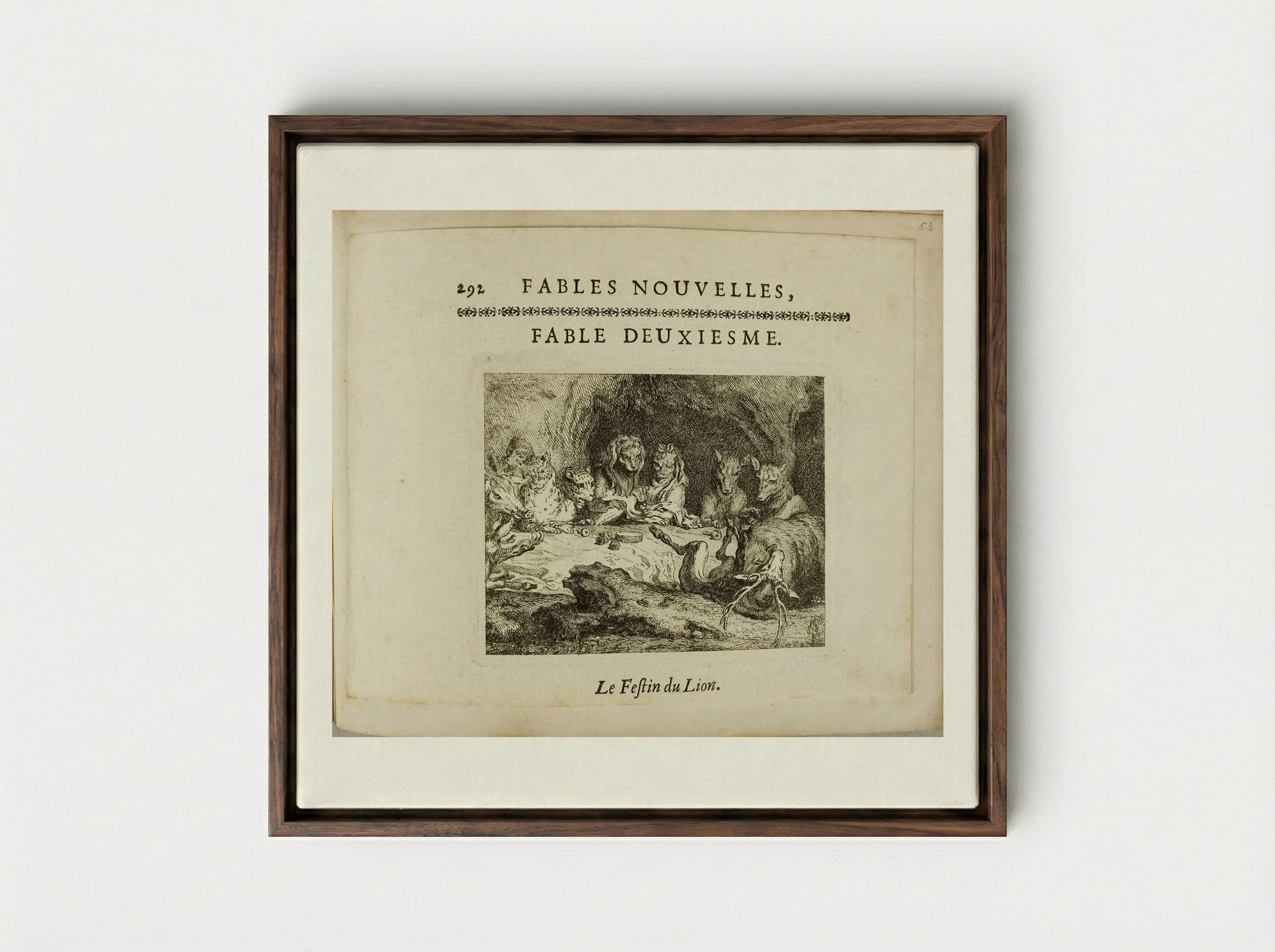 The Lion's Dinner Party - Claude Gillot - Framed Canvas Dark Wood
